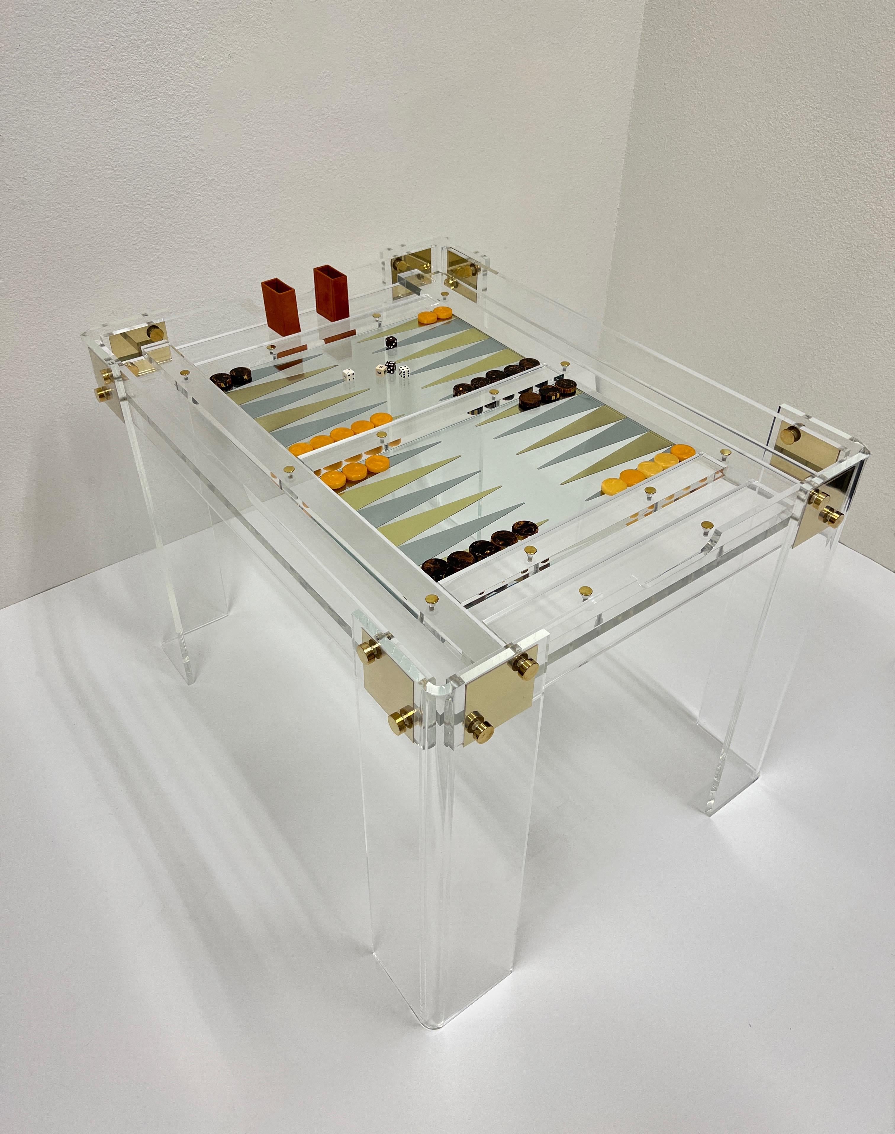 Polished Lucite and Brass Backgammon Table by Charles Hollis Jones 