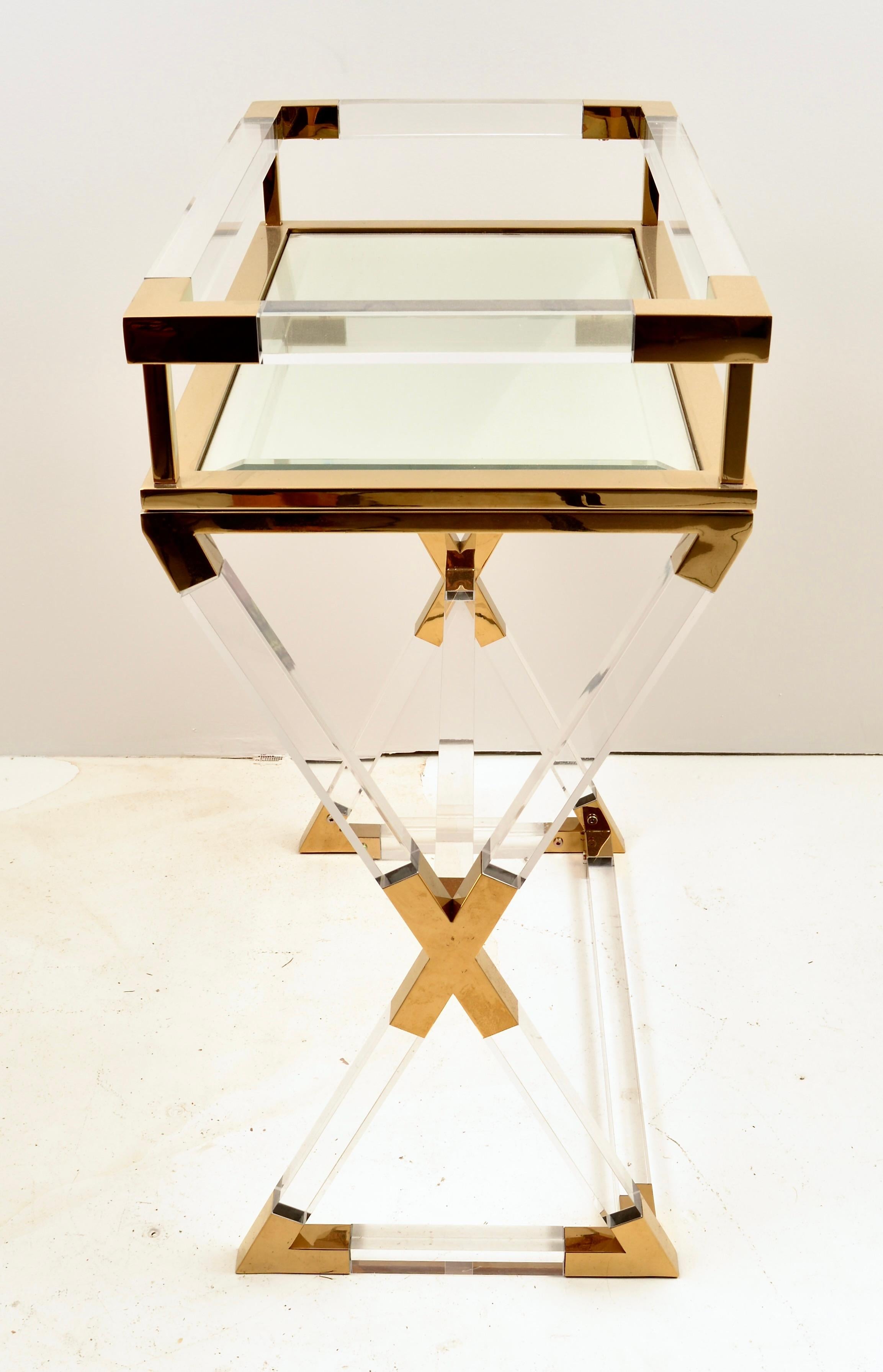 Modern Lucite and Brass Bar with Mirror Tray For Sale