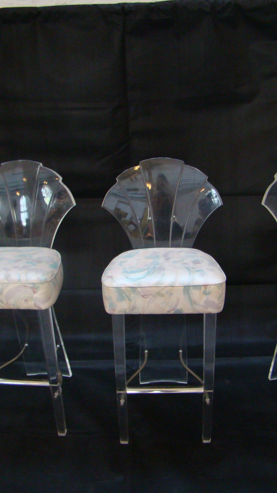 Late 20th Century Lucite and Brass Barstools Bar Stools Charles Hollis Jones Style