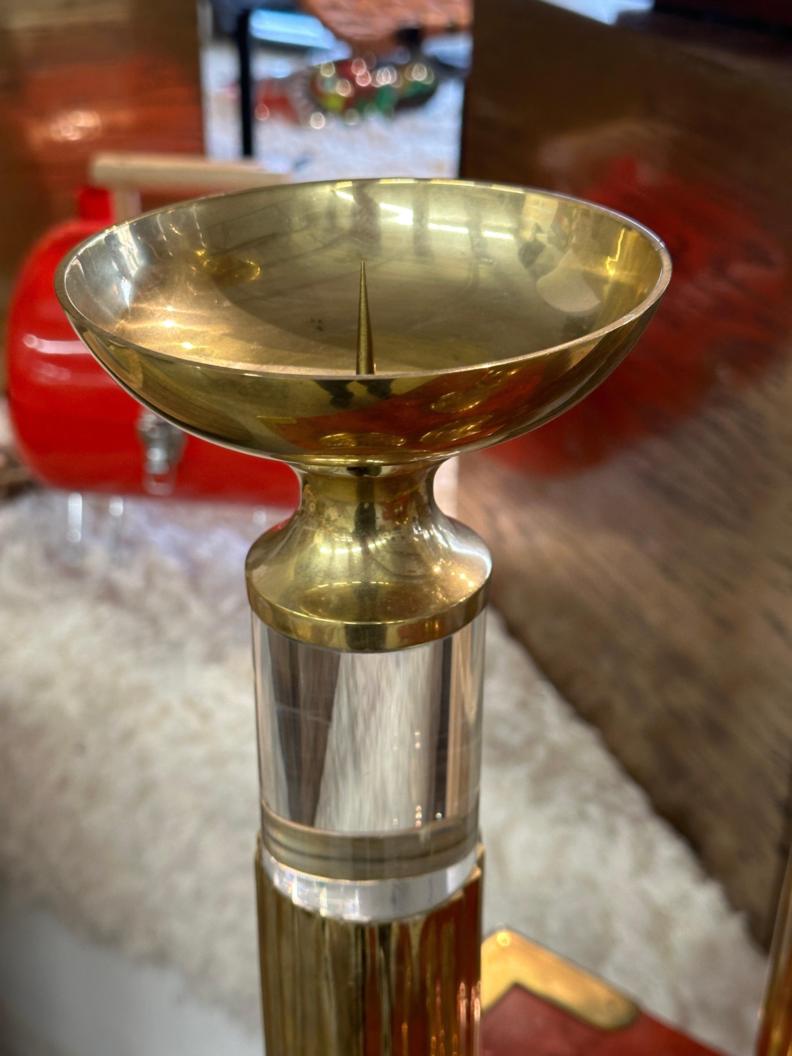 Hand-Crafted Lucite and Brass Candlestick Prickets Attributed to Dolbi and Cashier  For Sale