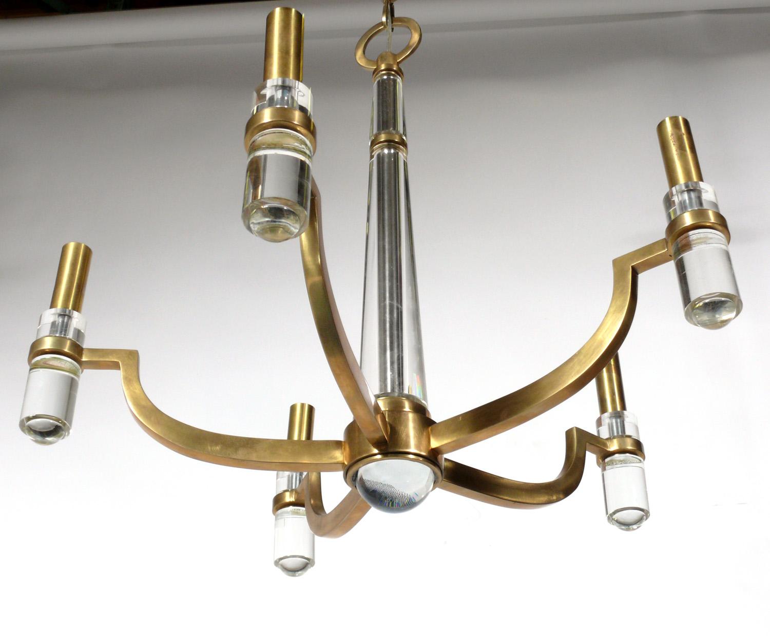 Lucite and brass chandelier, American, circa 2000s.