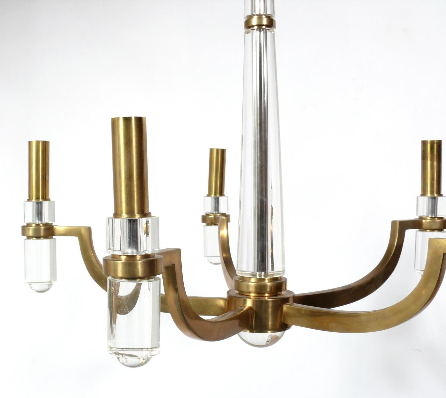 Mid-Century Modern Lucite and Brass Chandelier  For Sale