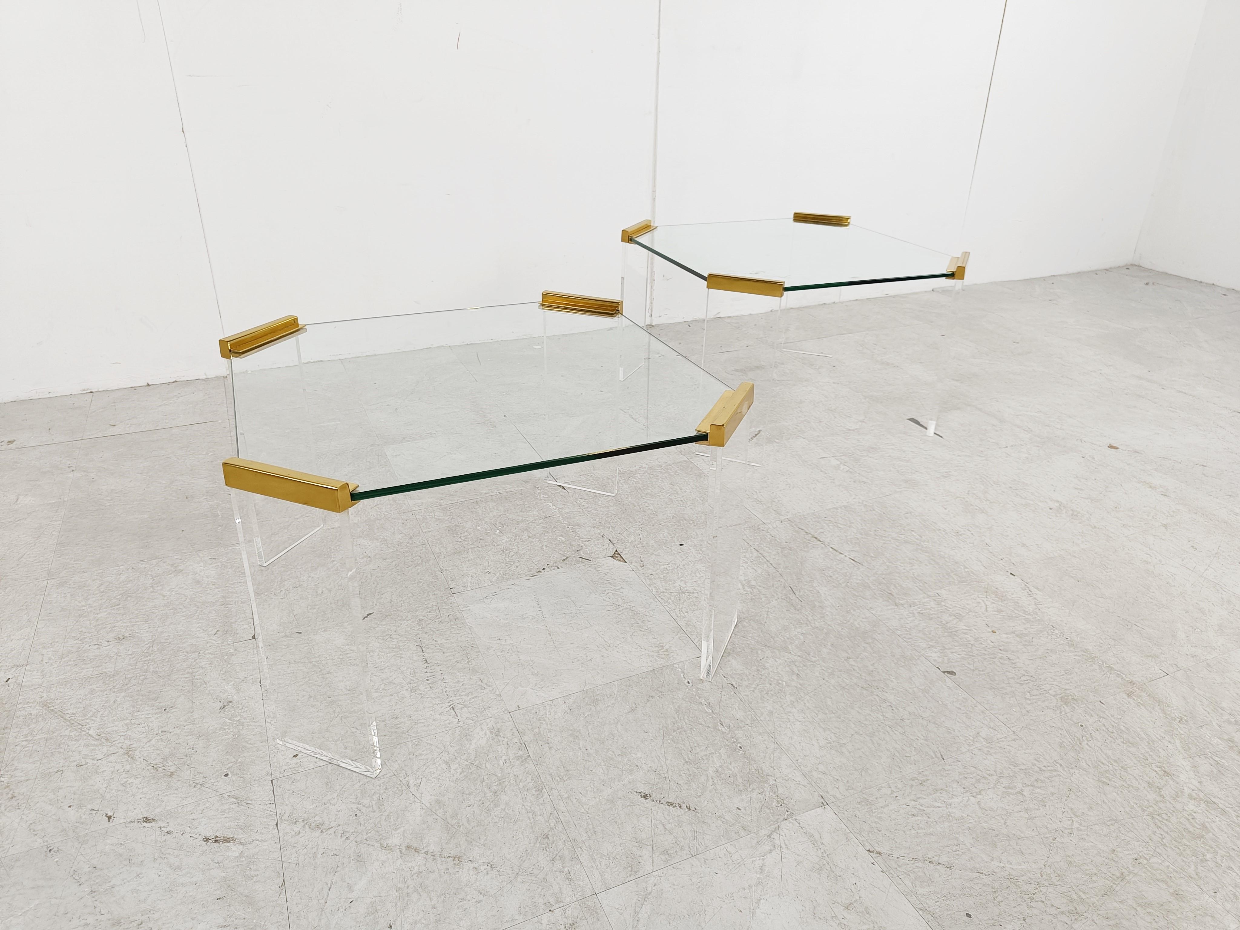 Hollywood Regency Lucite and brass coffee or side tables, 1970s For Sale