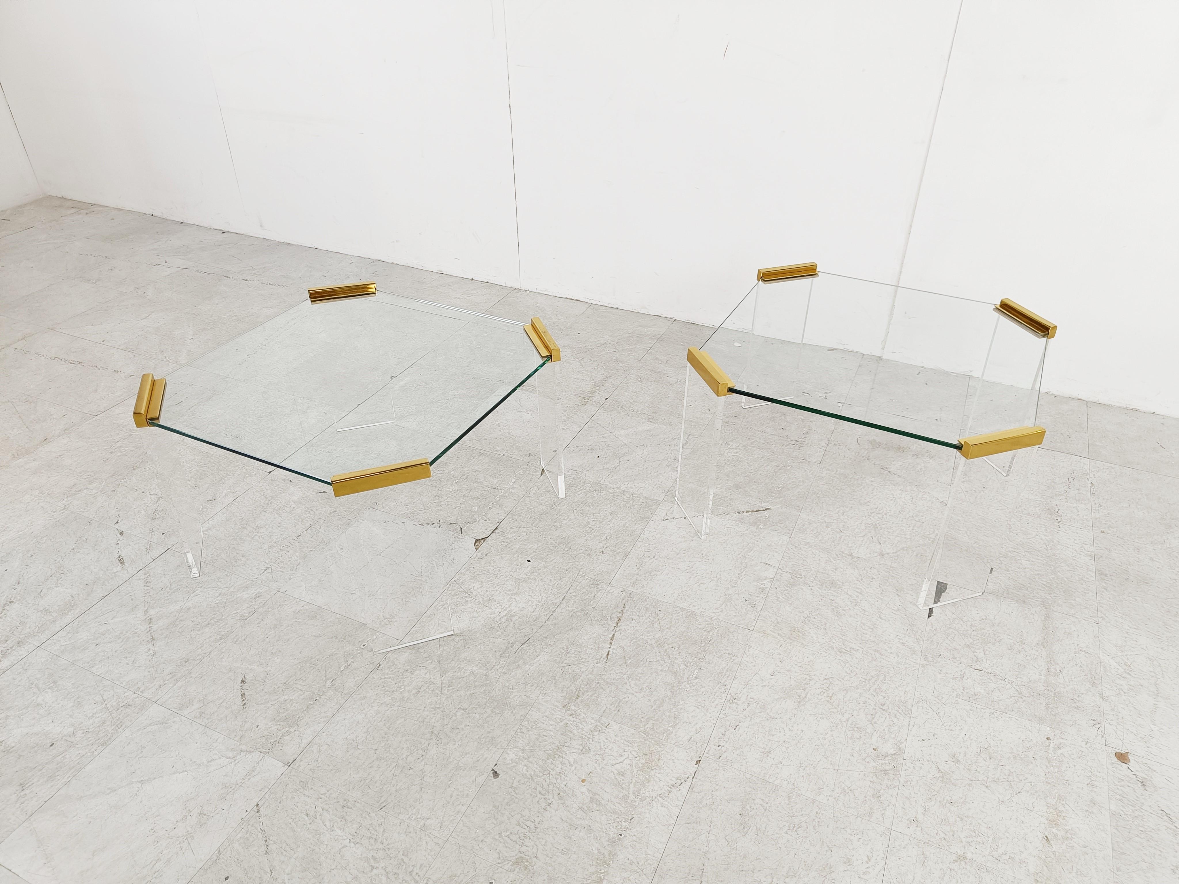 Brass Lucite and brass coffee or side tables, 1970s For Sale