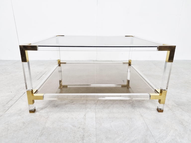 Lucite and Brass Coffee Table by Charles Hollis Jones, 1970s For Sale
