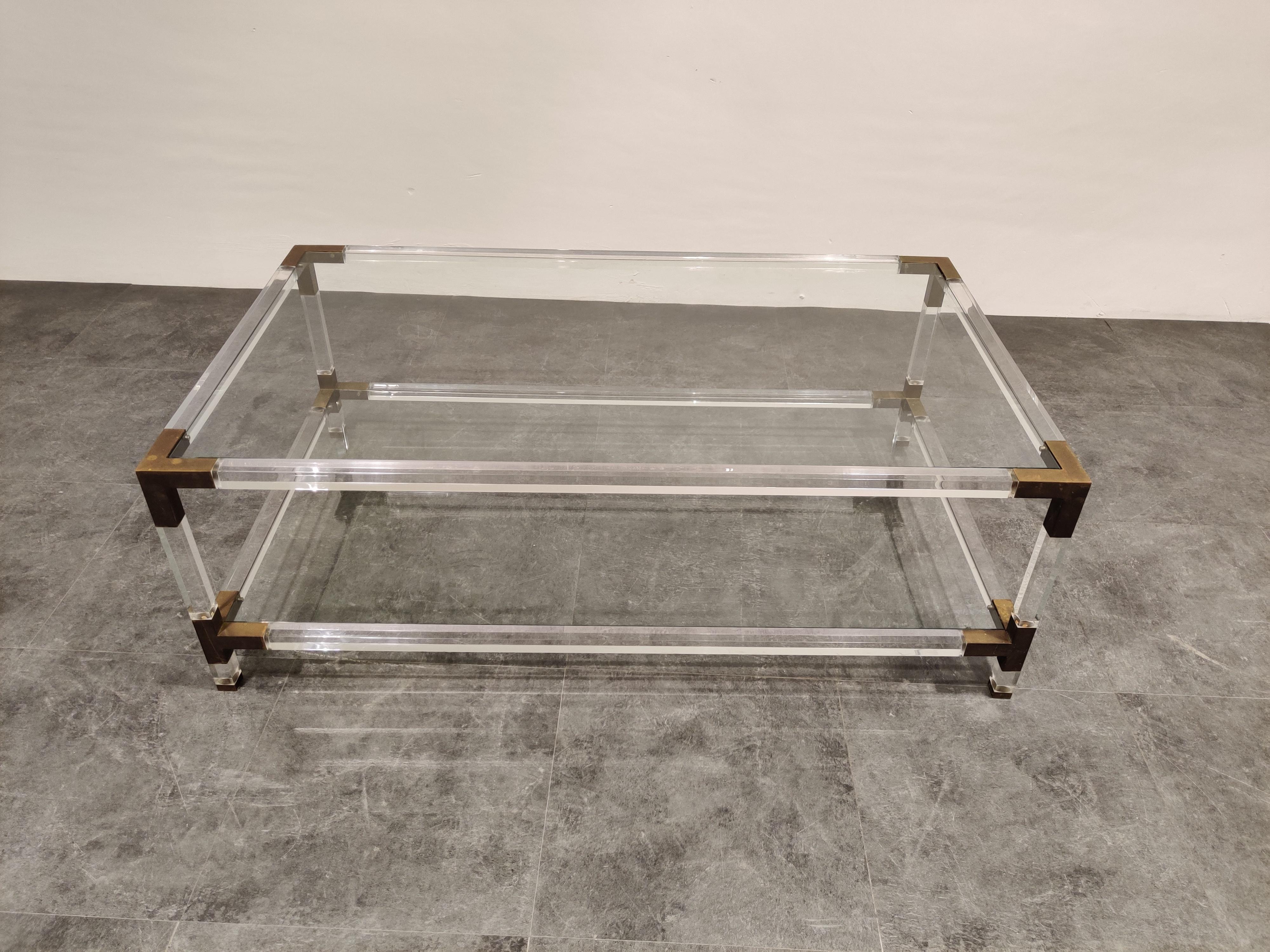 Hollywood Regency Lucite and Brass Coffee Table by Charles Hollis Jones, 1970s
