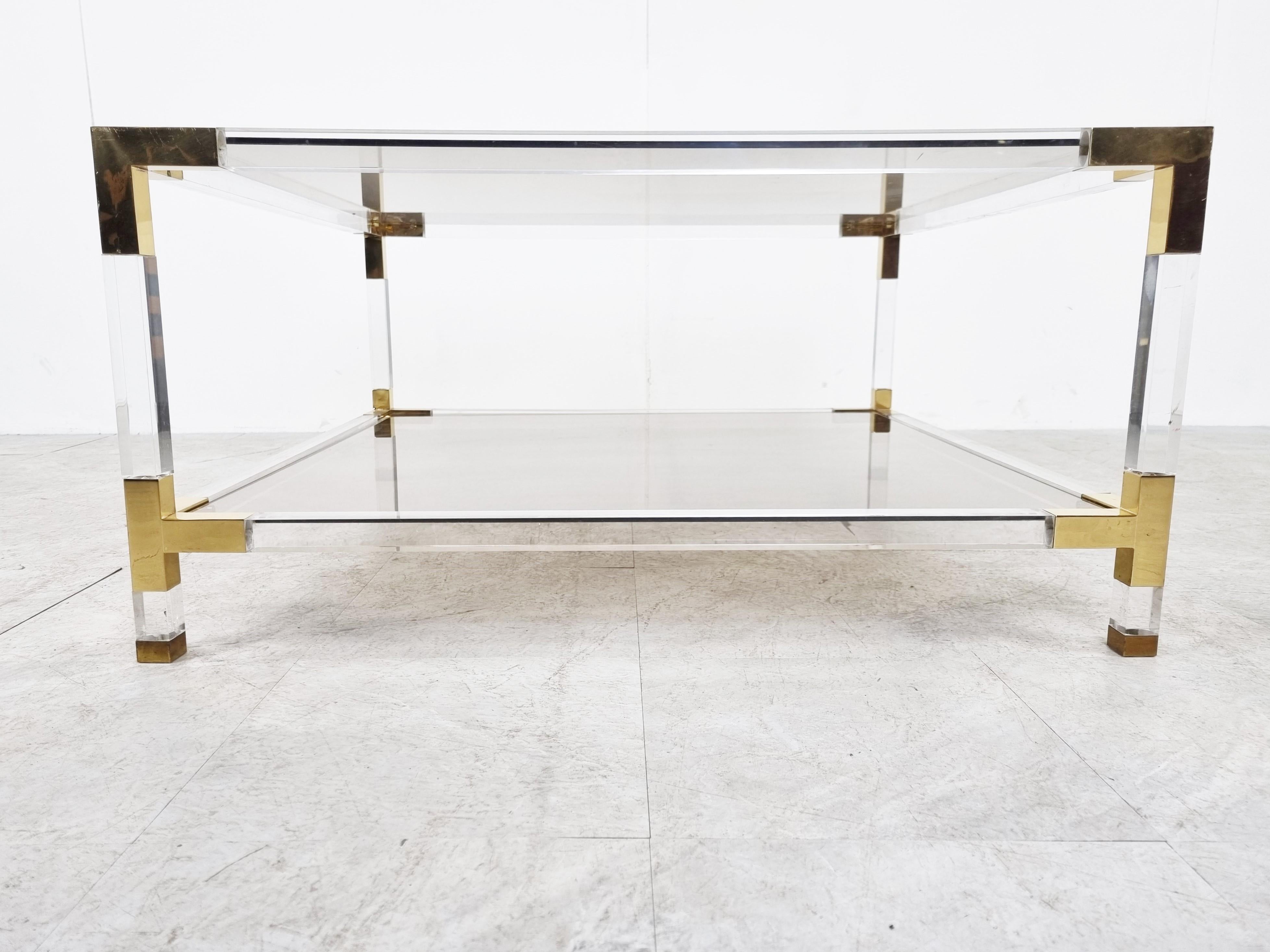 Hollywood Regency Lucite and Brass Coffee Table by Charles Hollis Jones, 1970s