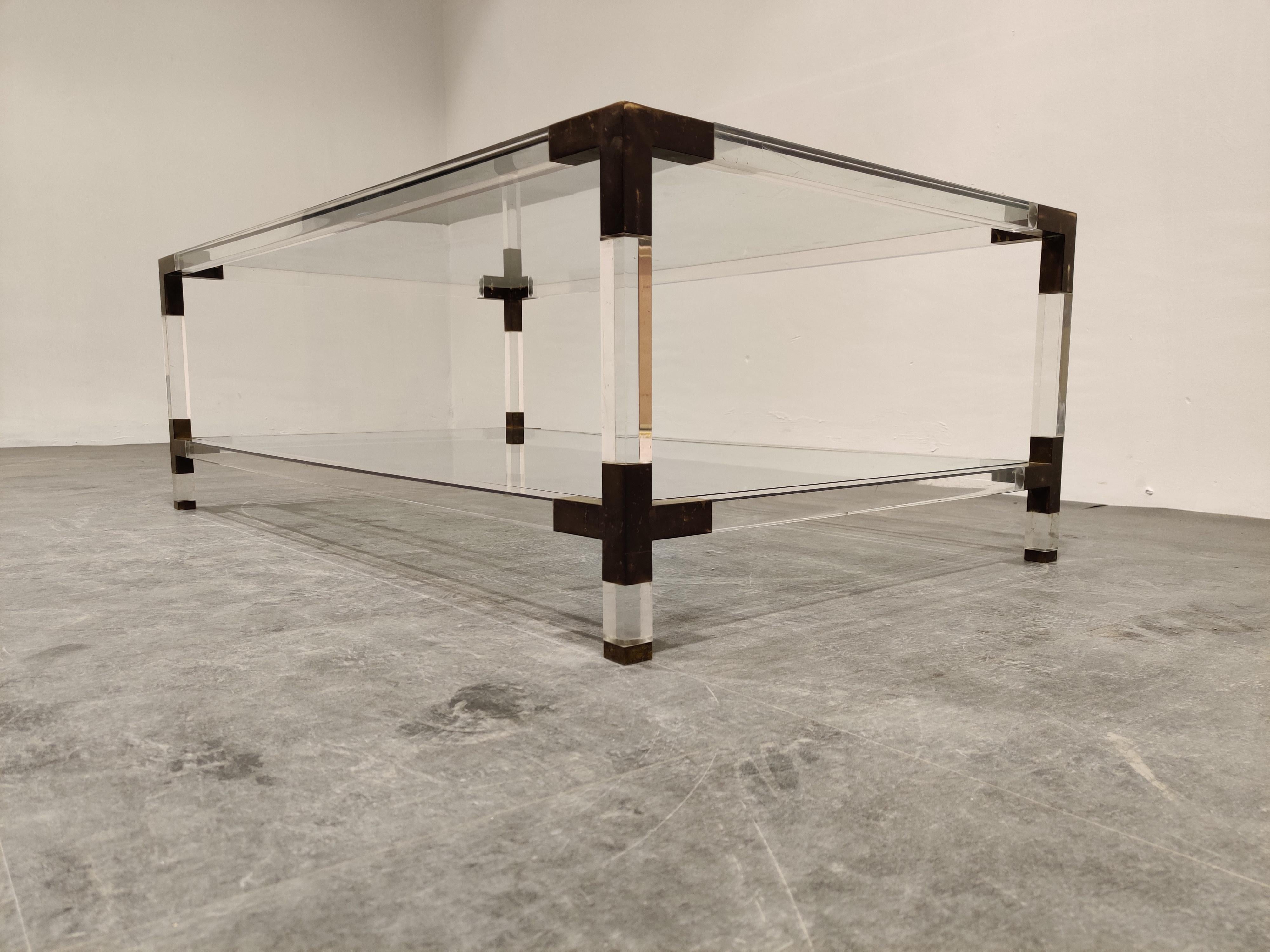 Belgian Lucite and Brass Coffee Table by Charles Hollis Jones, 1970s