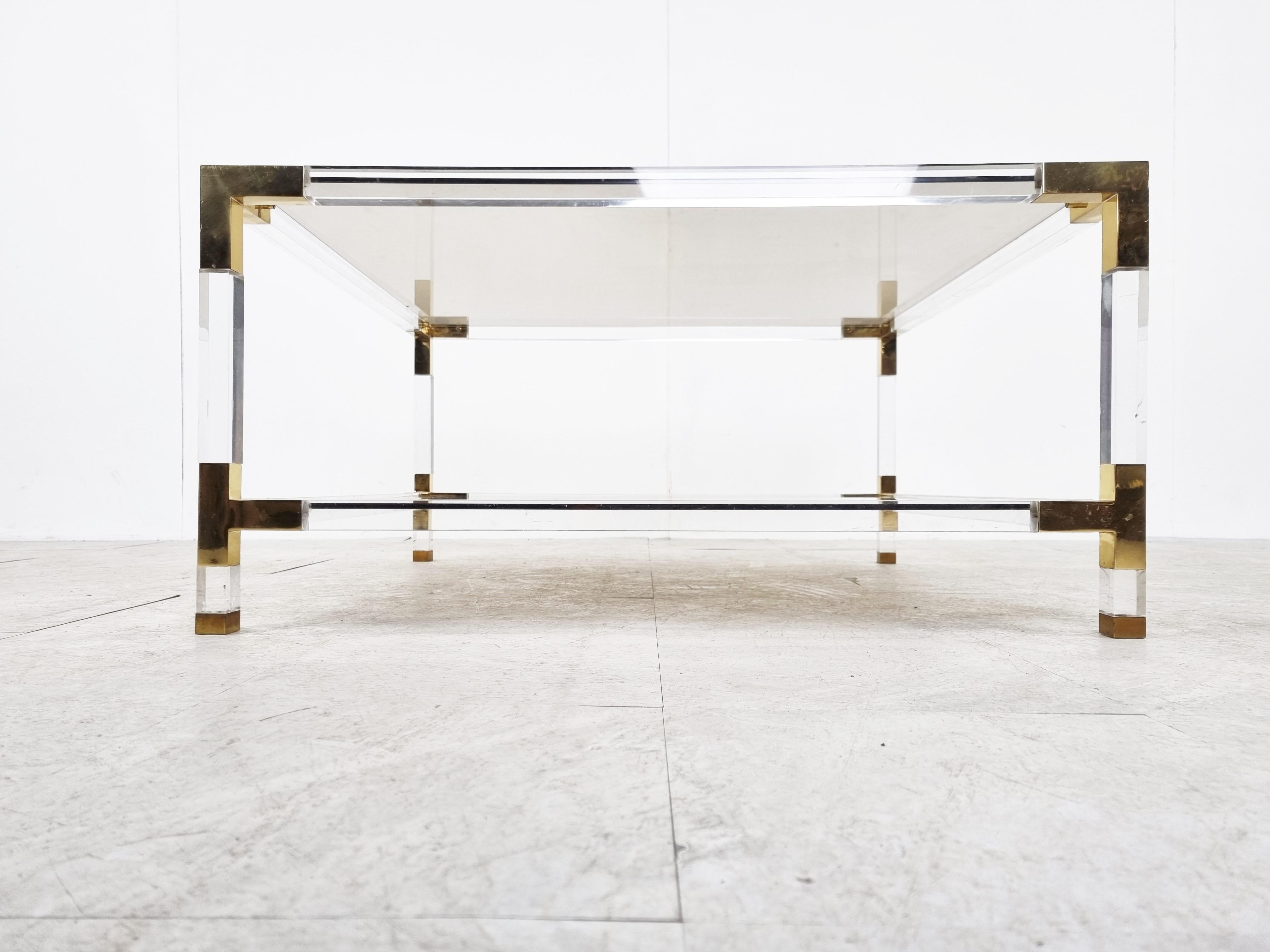 Belgian Lucite and Brass Coffee Table by Charles Hollis Jones, 1970s