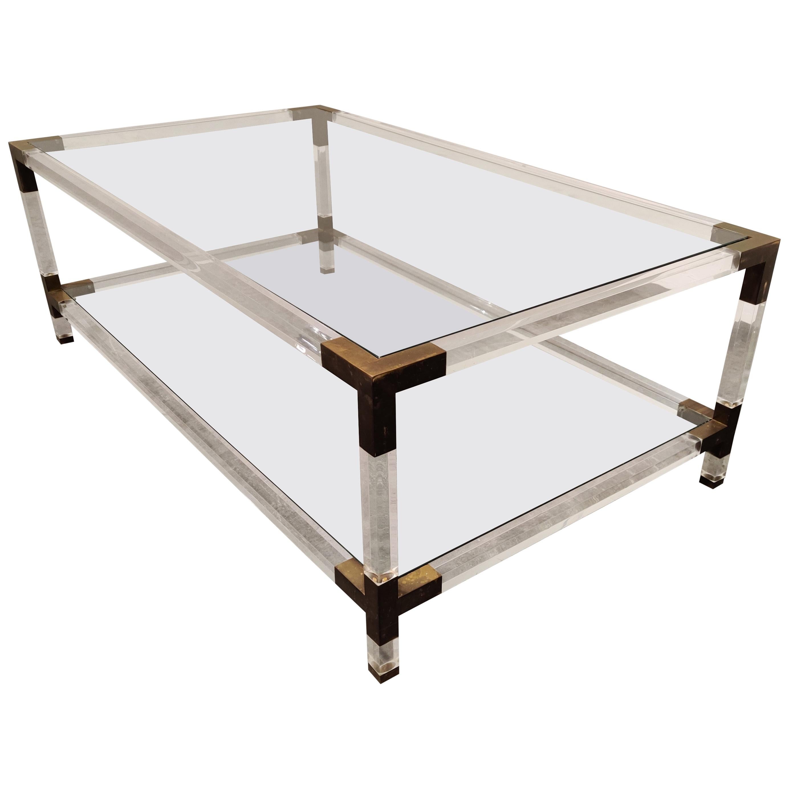 Lucite and Brass Coffee Table by Charles Hollis Jones, 1970s