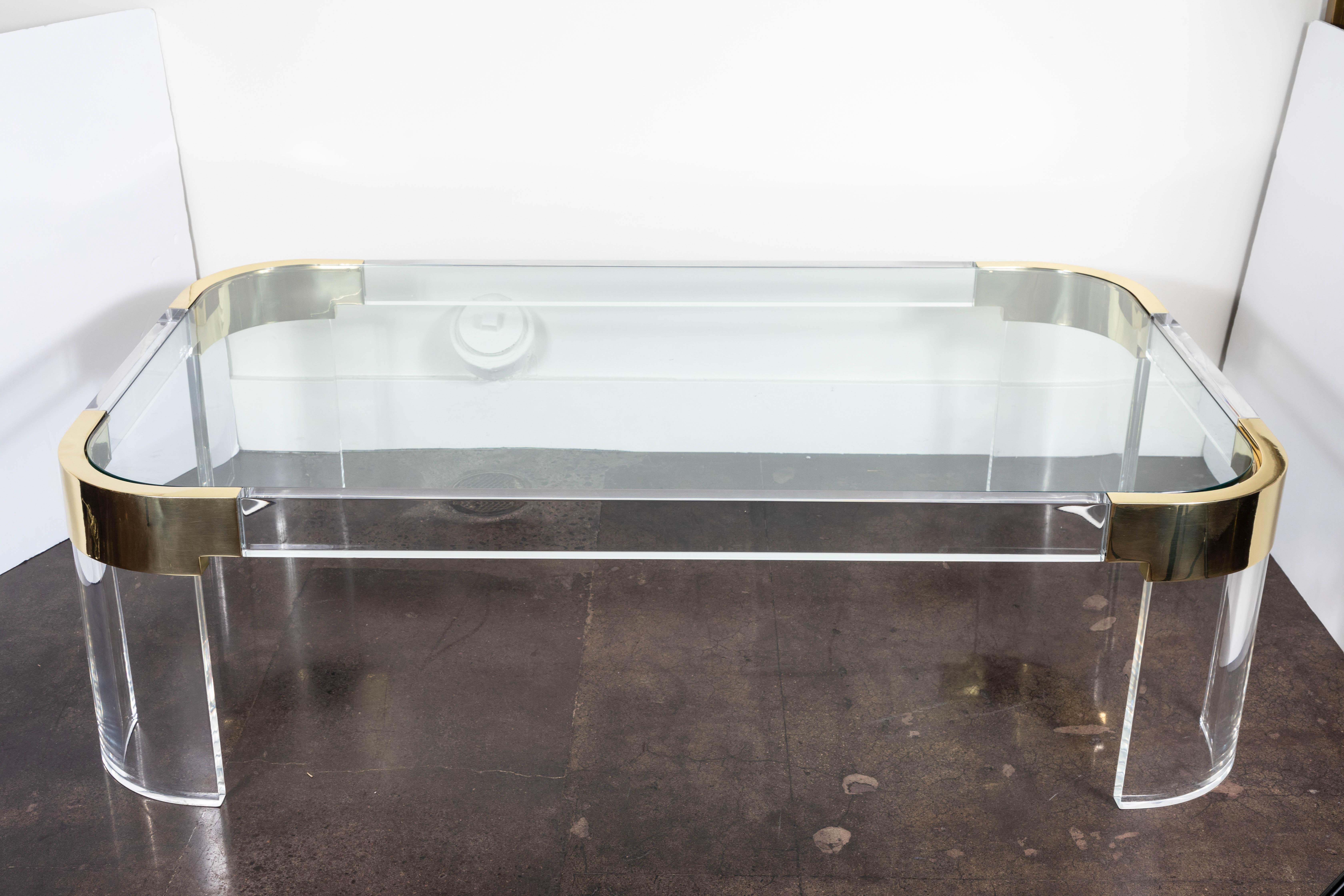 Lucite, glass and brass coffee table from the Waterfall Line by Charles Hollis Jones. Table has been professionally polished.