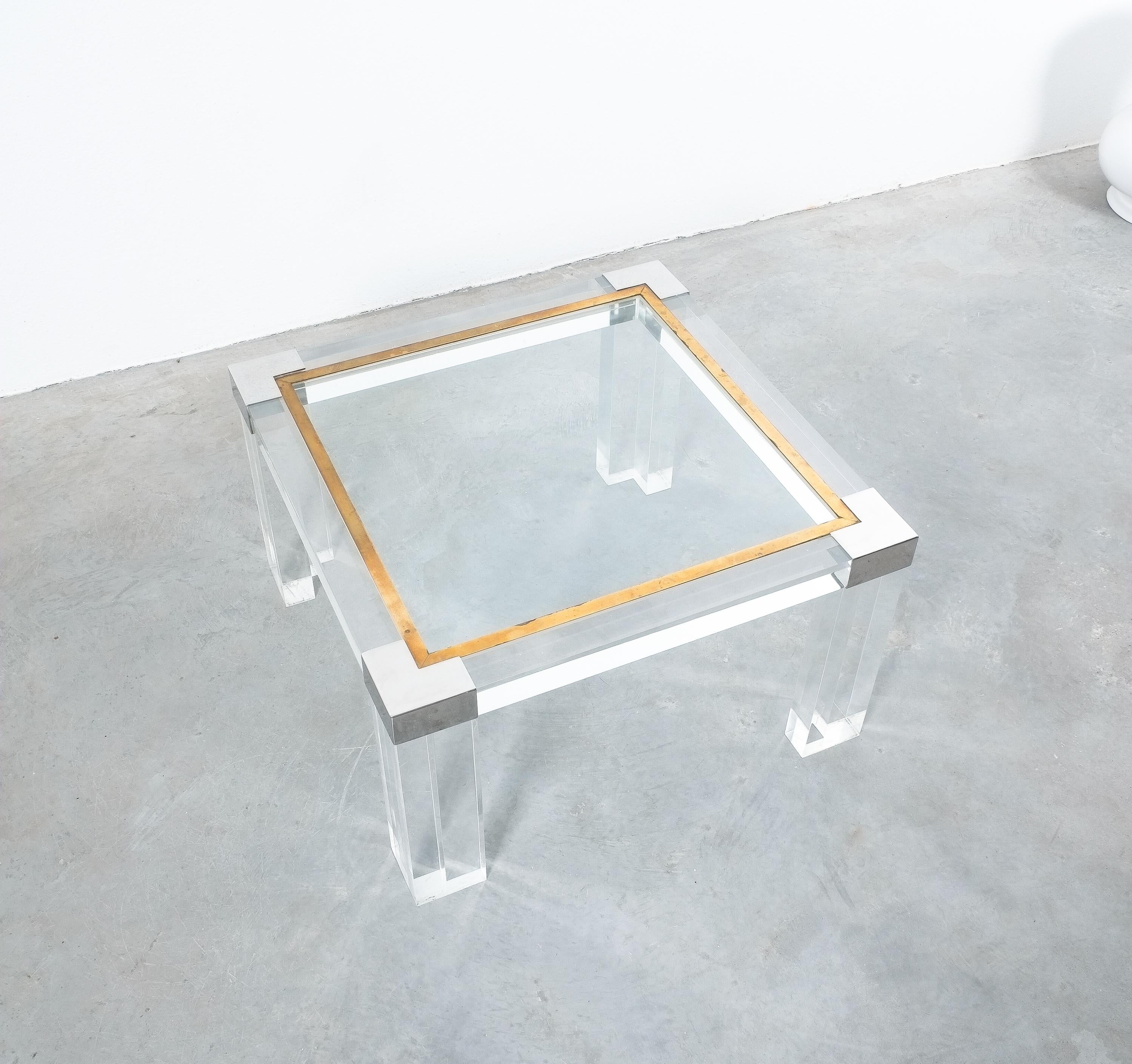 Polished Lucite and Brass Coffee Table Style Charles Hollis Jones, 1970 For Sale