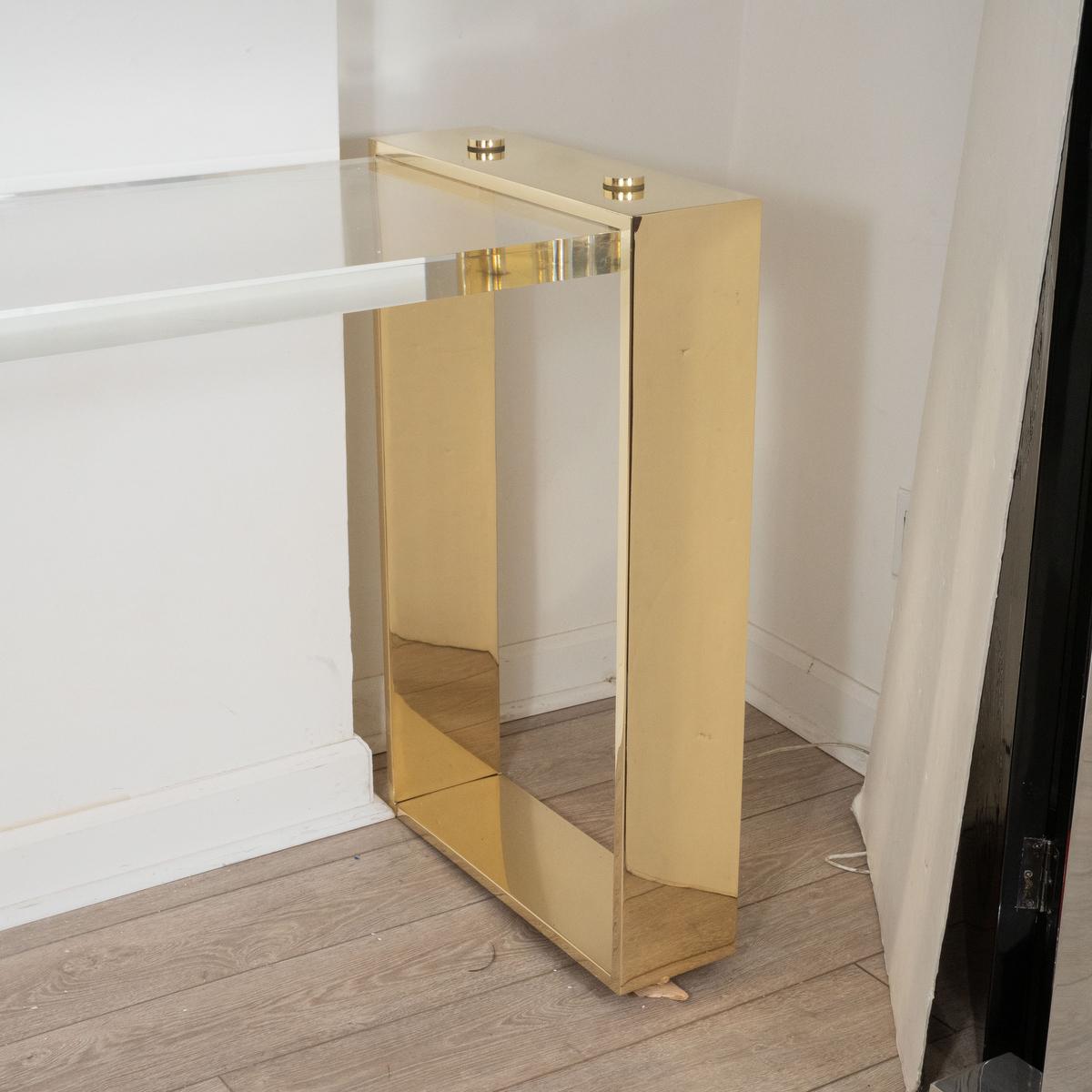 Mid-Century Modern Lucite and Brass Console Table For Sale