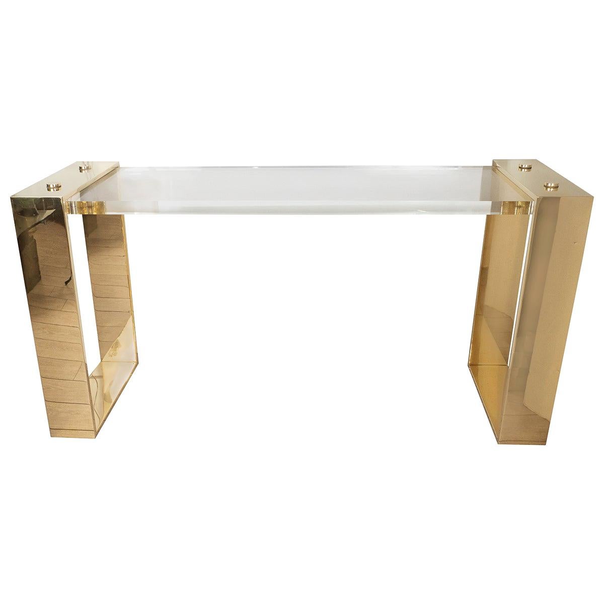 Lucite and Brass Console Table For Sale