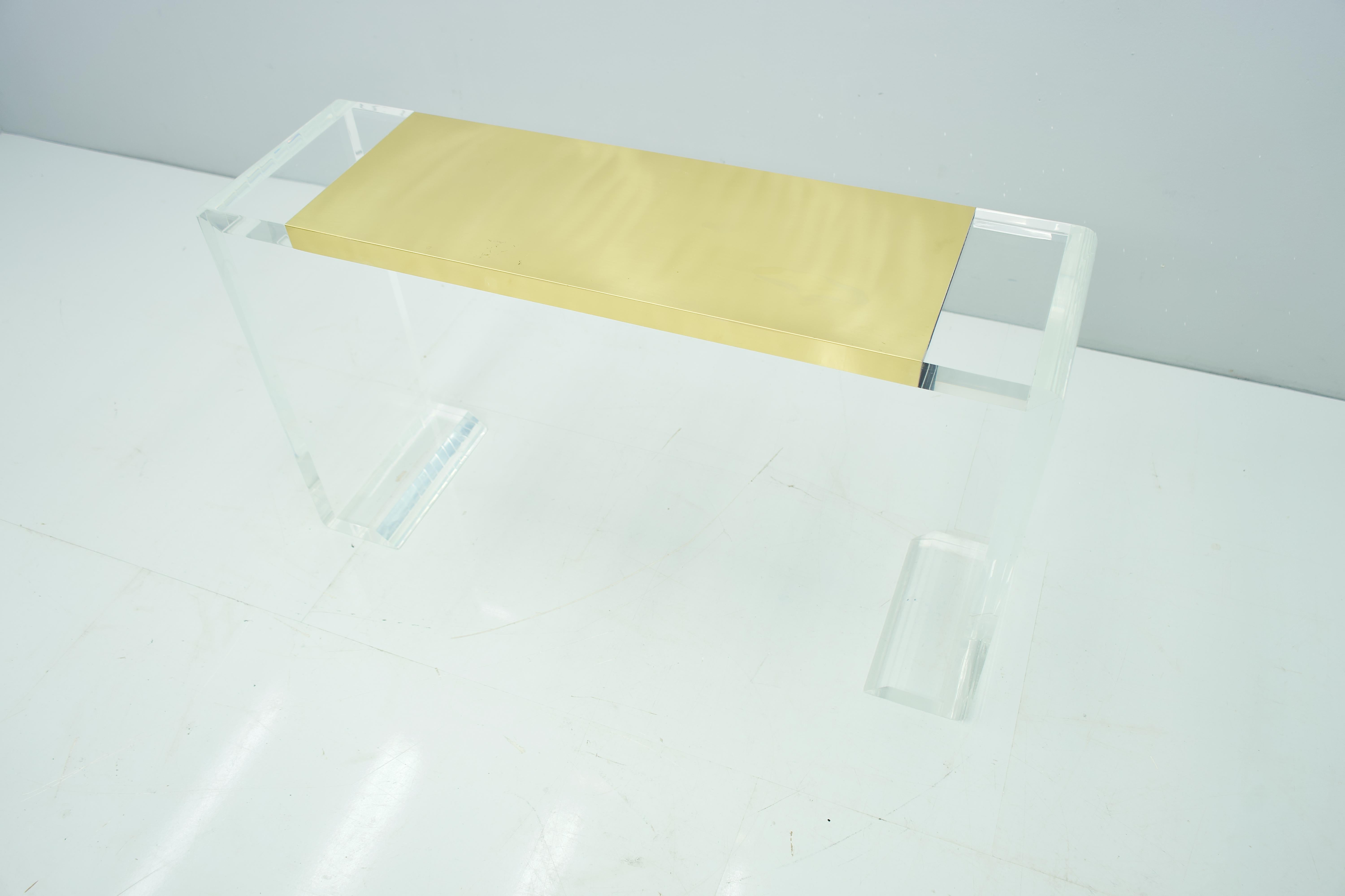 Lucite and Brass Console Table or Vanity or Small Writing Desk, France, 1970s For Sale 7