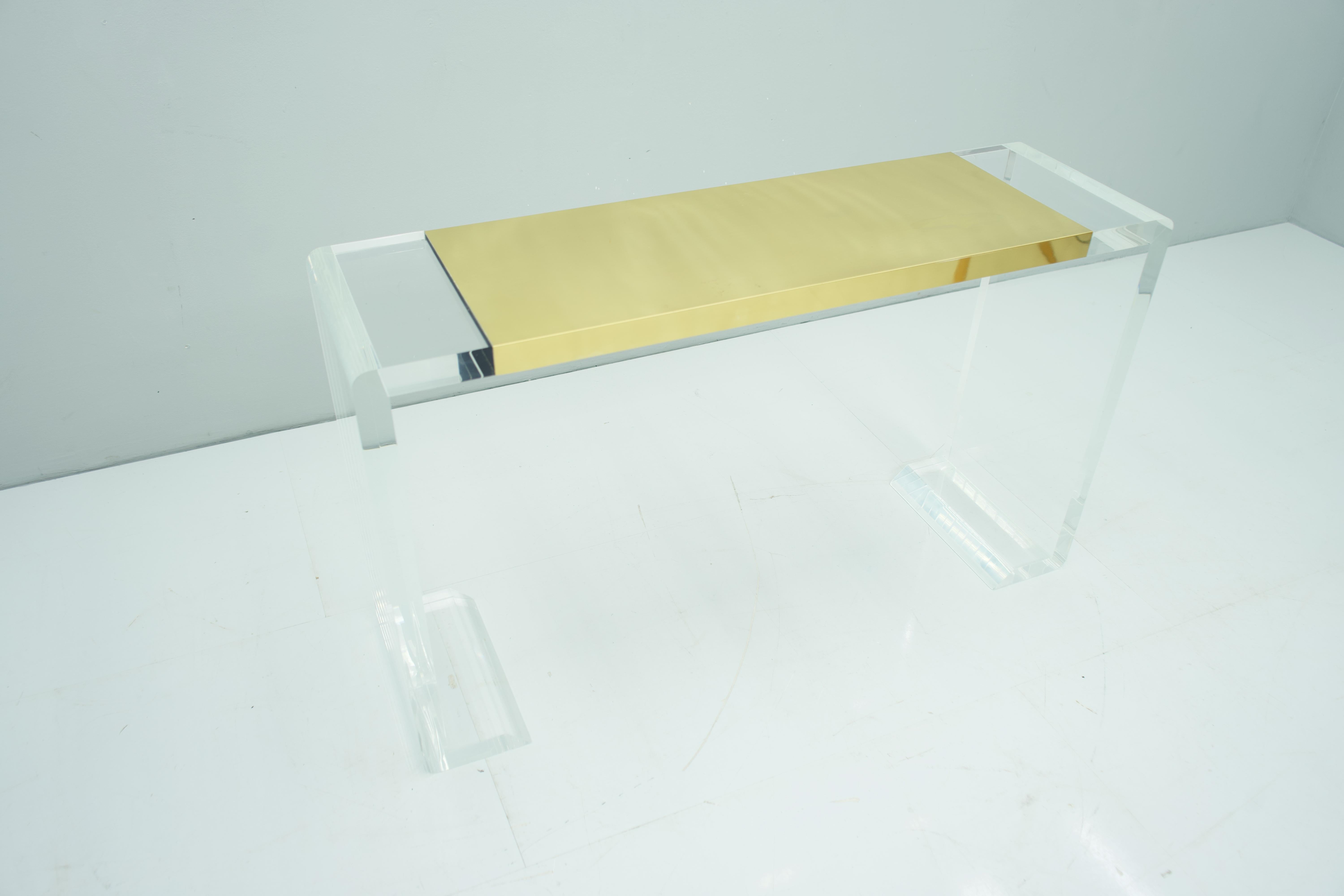 Lucite and Brass Console Table or Vanity or Small Writing Desk, France, 1970s For Sale 9