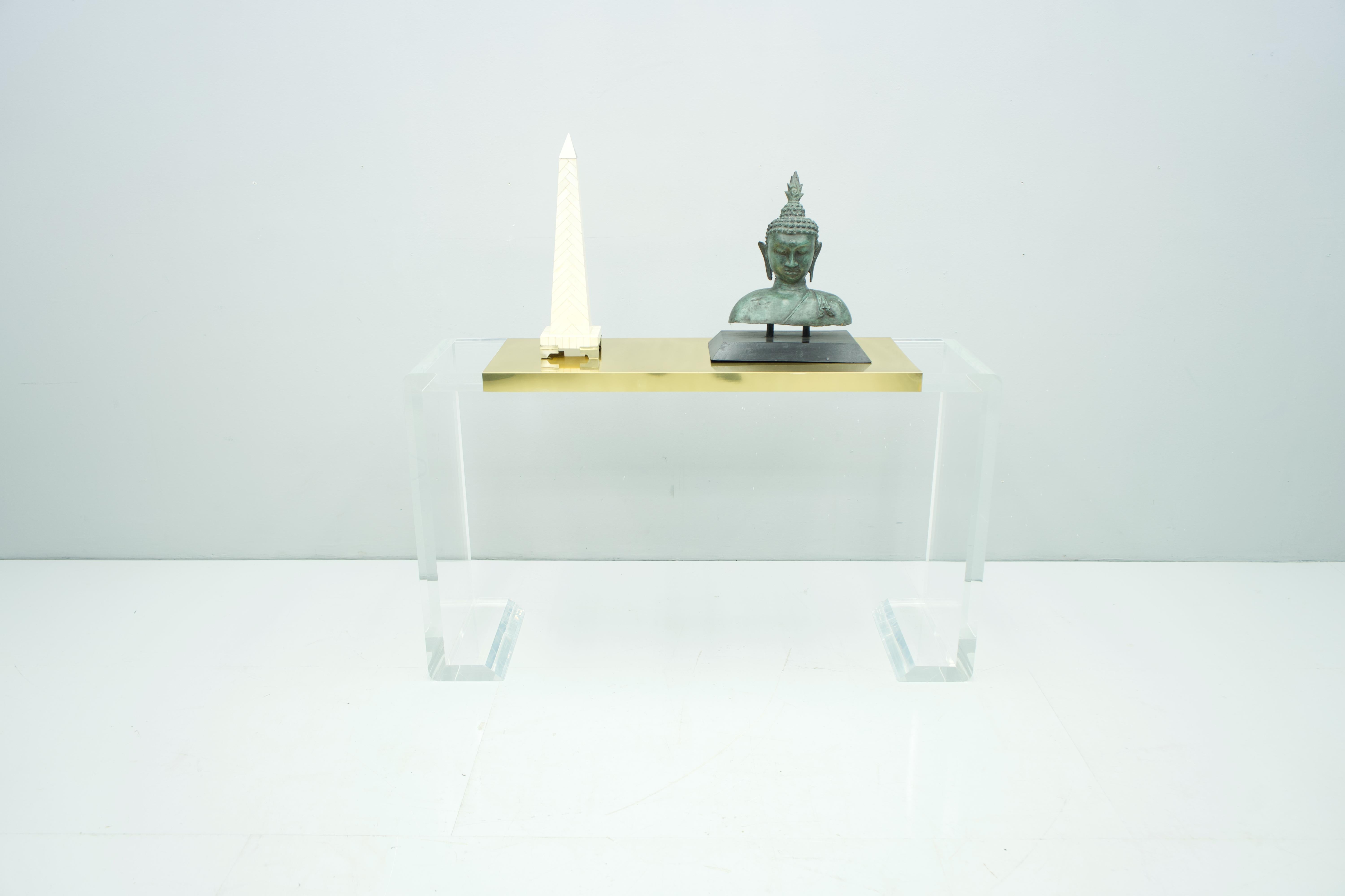 French Lucite and Brass Console Table or Vanity or Small Writing Desk, France, 1970s For Sale