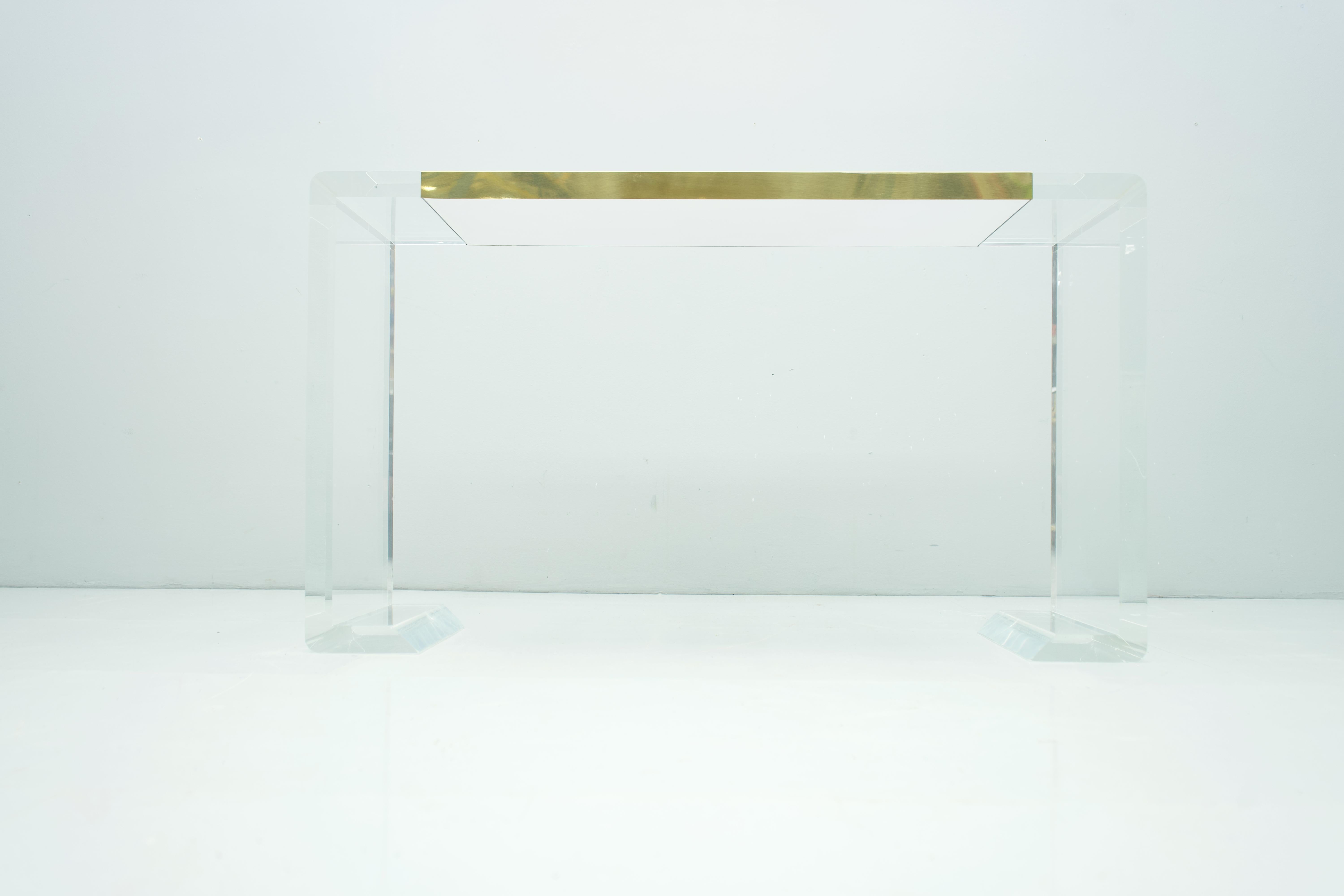 Lucite and Brass Console Table or Vanity or Small Writing Desk, France, 1970s For Sale 1