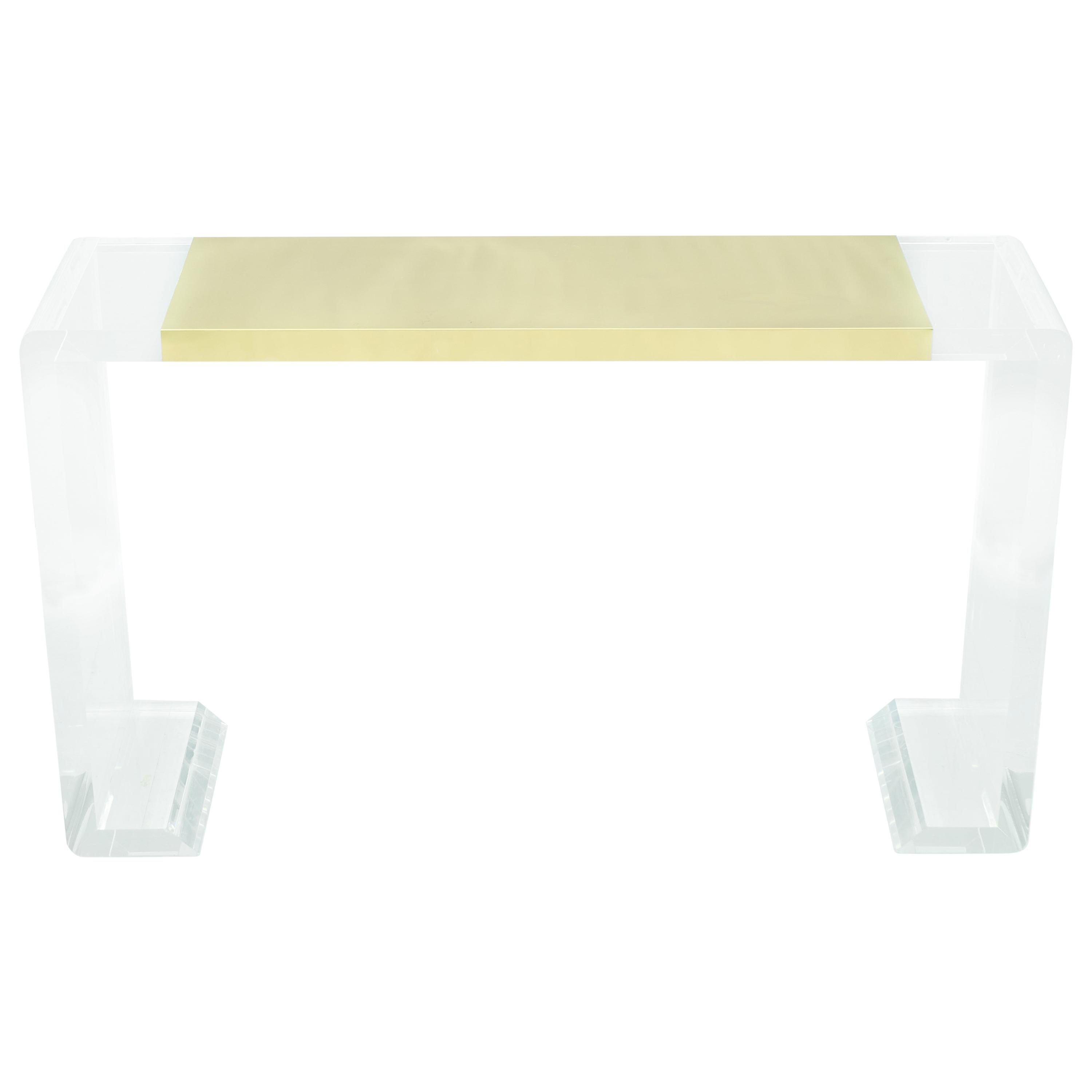 Lucite and Brass Console Table or Vanity or Small Writing Desk, France, 1970s For Sale
