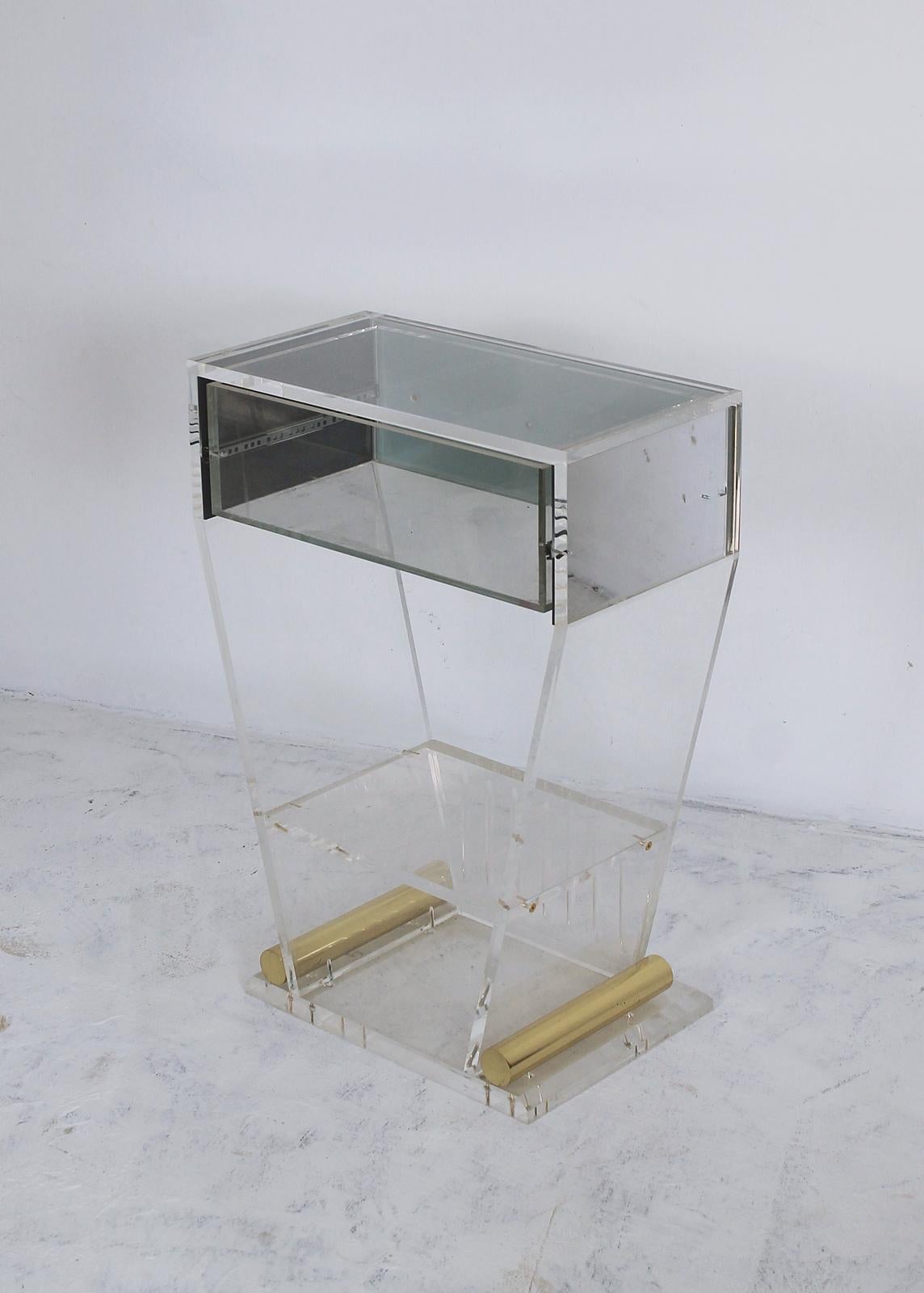 Lucite and Brass Entry Console Table With Mirrored Drawer, 1970s, France For Sale 1