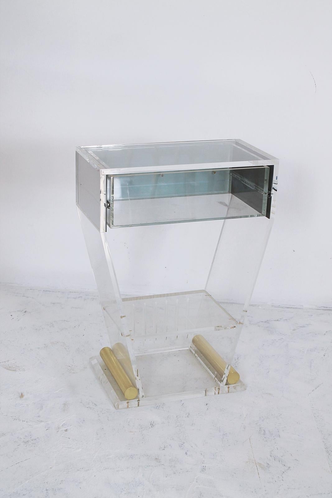Lucite and Brass Entry Console Table With Mirrored Drawer, 1970s, France For Sale 2