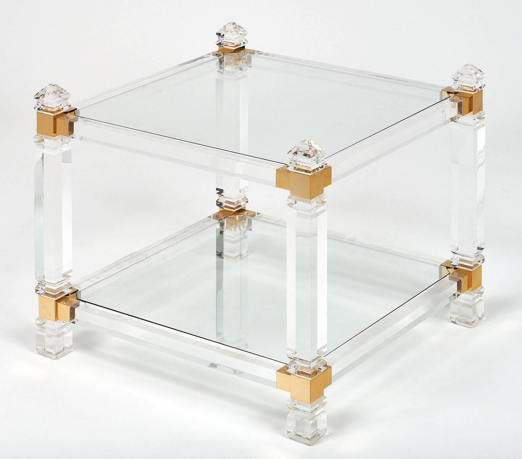 Mid-Century Modern Lucite and Brass French Modernist Side Tables