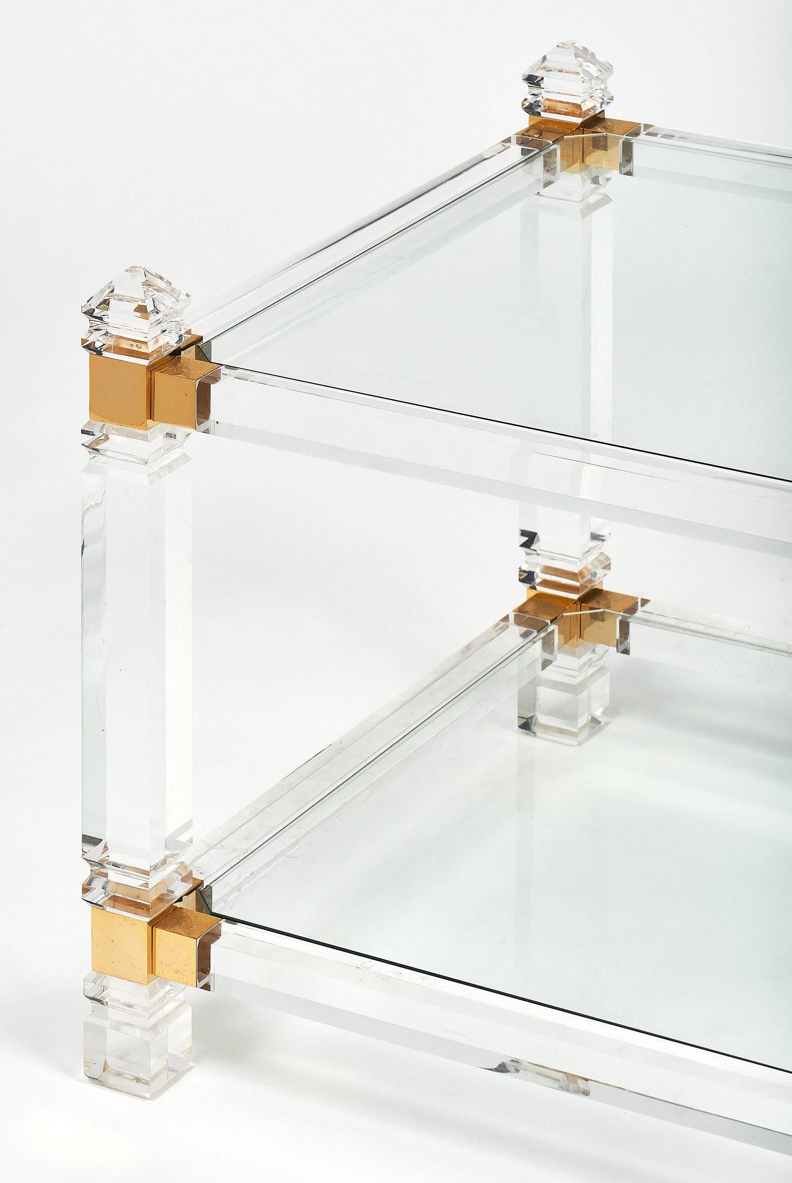 Lucite and Brass French Modernist Side Tables In Excellent Condition In Austin, TX