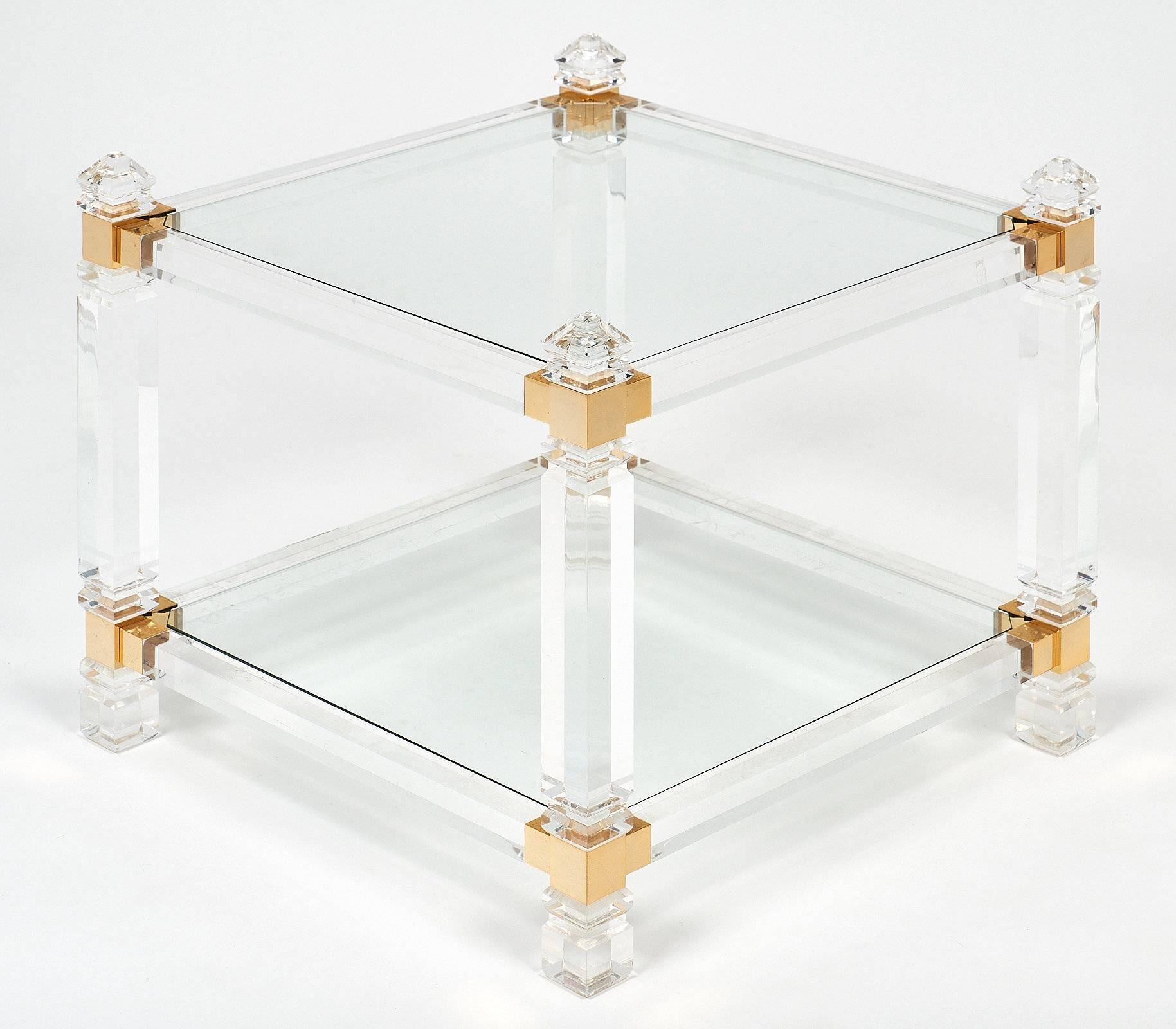 Lucite and Brass French Modernist Side Tables 1