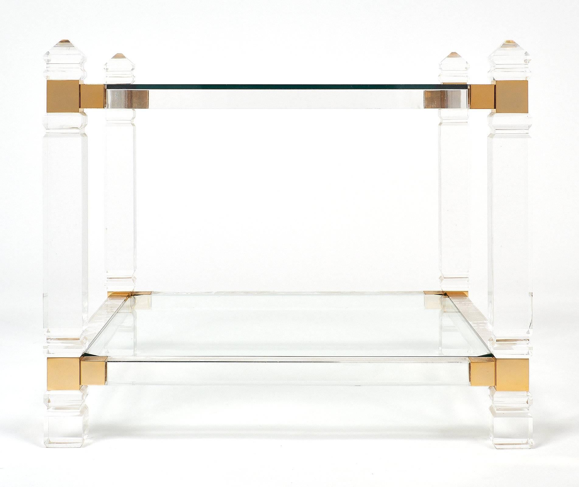 Lucite and Brass French Modernist Side Tables 3