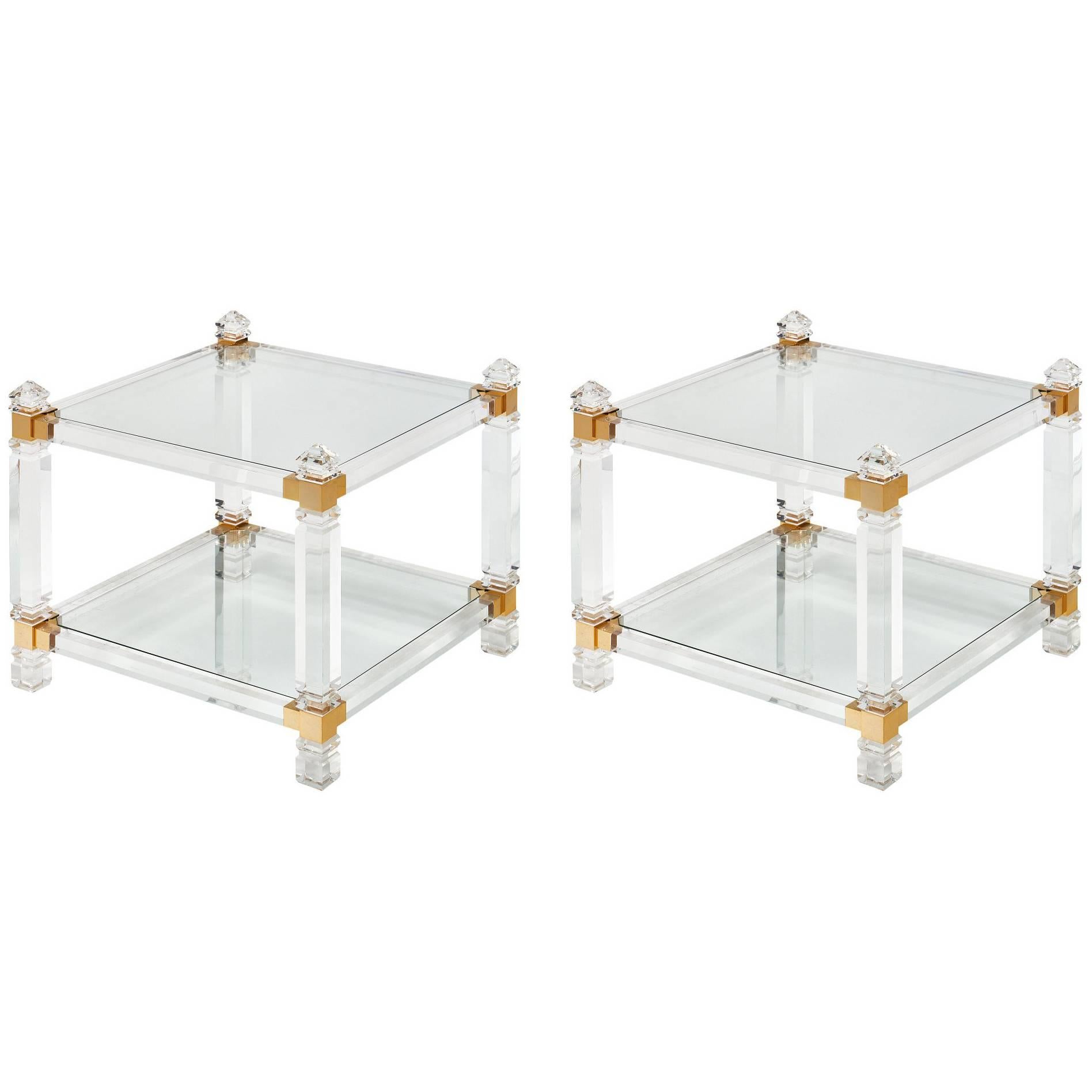 Lucite and Brass French Modernist Side Tables