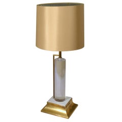Vintage Lucite and Brass Italian 1960s Table Lamp with Silk Lamp Shade