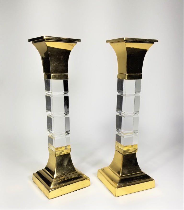 Lucite and Brass Large Candle Holders Candlesticks 1970s Mid. Century