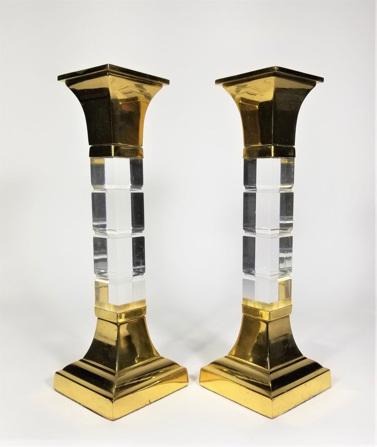 Lucite and Brass Large Candle Holders Candlesticks 1970s Mid. Century