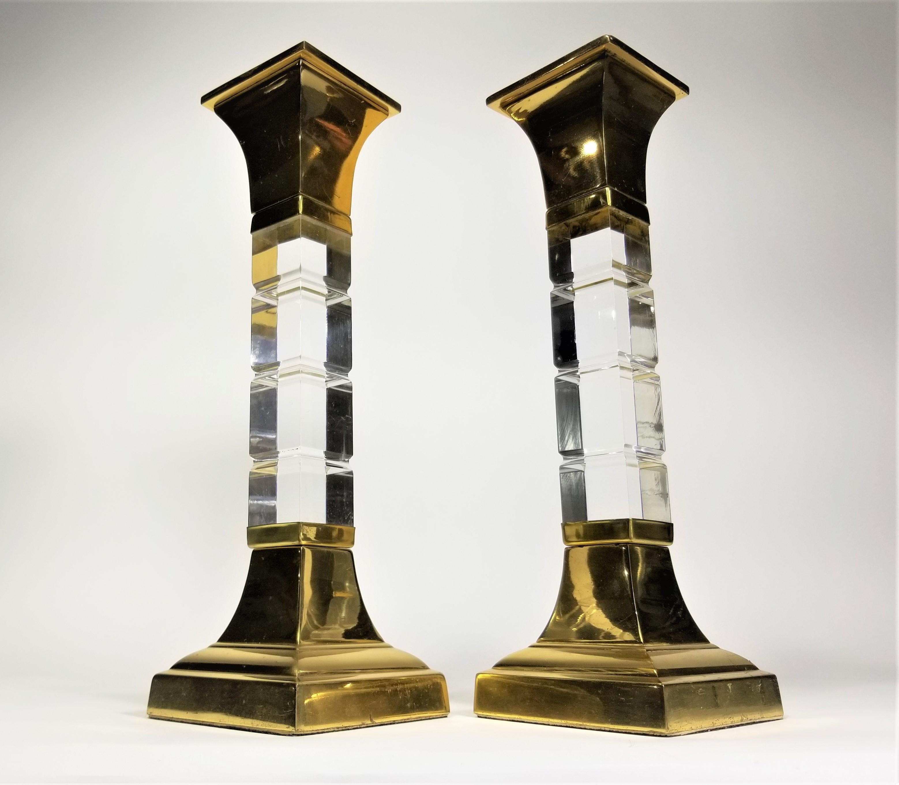Pair of 1970s Mid Century Large Lucite and Lacquered brass candlesticks / Candle Holders. Heavy substantial weight.