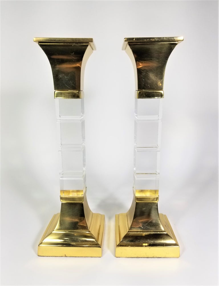 Lucite and Brass Large Candle Holders Candlesticks 1970s Mid. Century