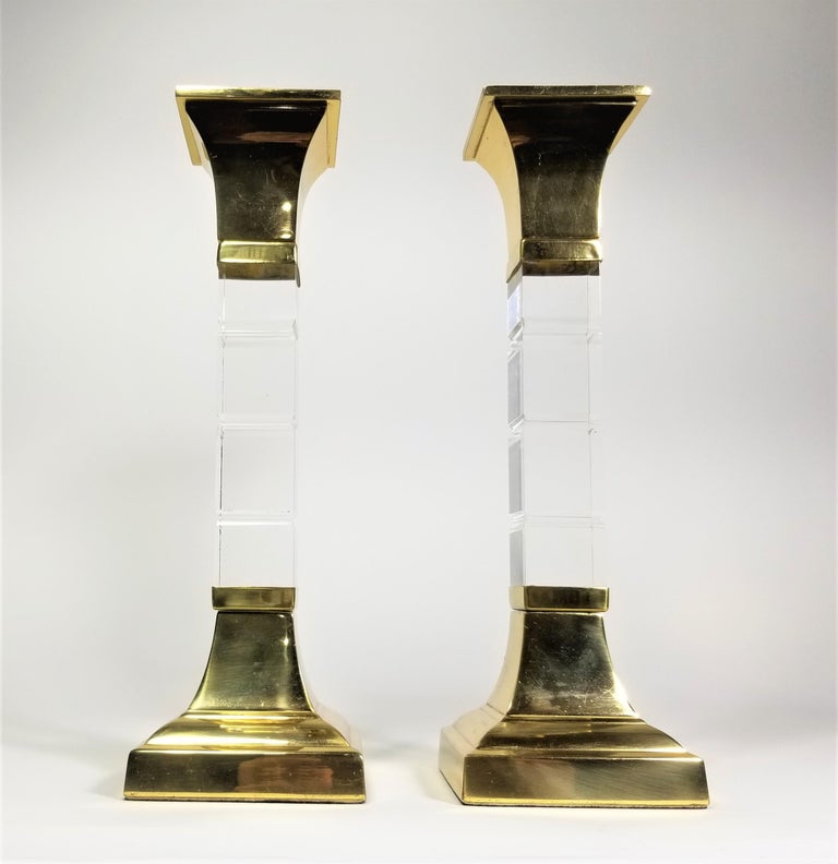 Lucite and Brass Large Candle Holders Candlesticks 1970s Mid. Century