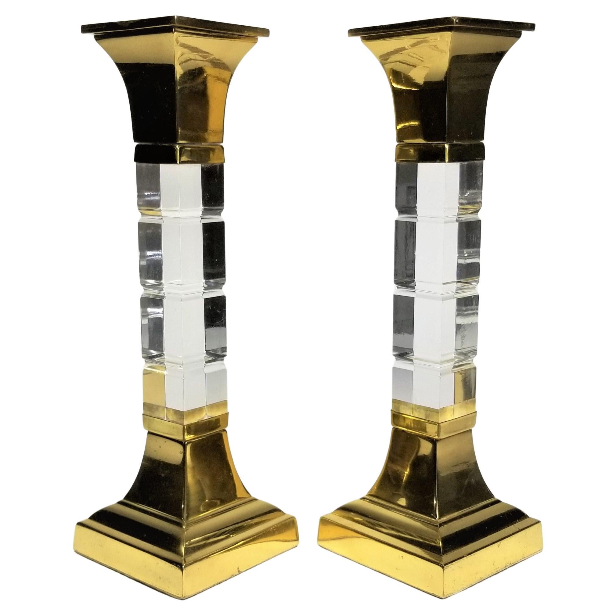 Lucite and Brass Large Candle Holders Candlesticks 1970s Mid. Century 
