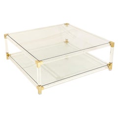 Lucite and Brass Large Square Coffee Table