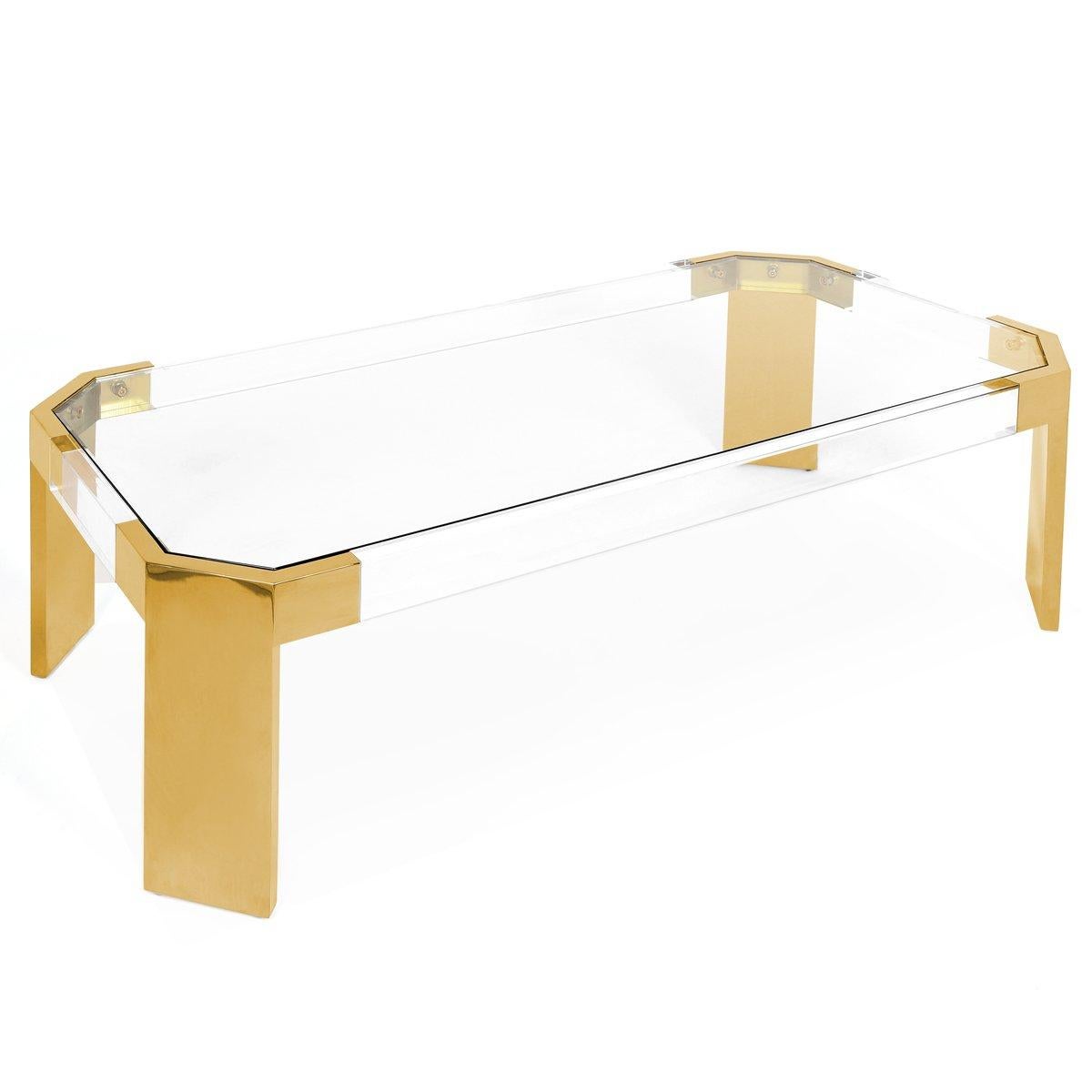 This coffee table is a show stopper! With all the right angles and dimensions that pair well with large sectionals and sofas, the Lucite coffee table makes an elegant centerpiece in any living room. Measures: 56