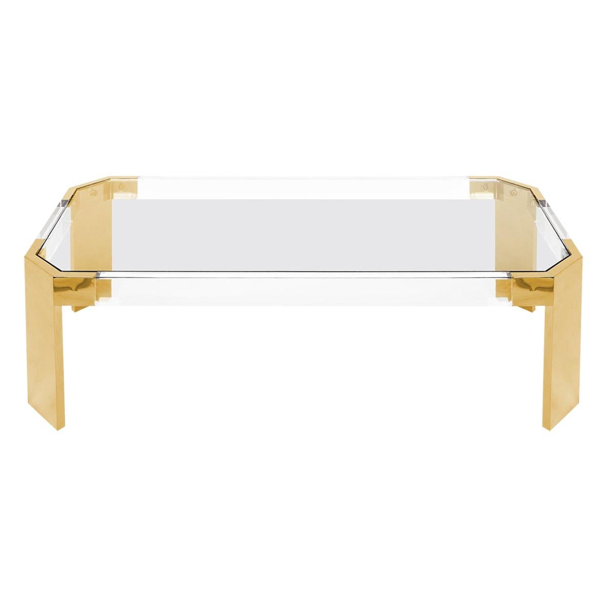 Lucite and Brass Modern Rectangular Coffee Table with Glass Top