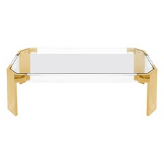 Lucite and Brass Modern Rectangular Coffee Table with Glass Top