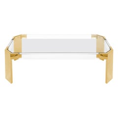 Lucite and Brass Modern Rectangular Coffee Table with Glass Top