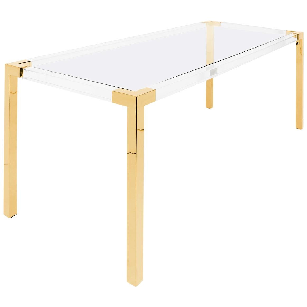 Lucite and Brass Modern Rectangular Dining Table with Glass For Sale