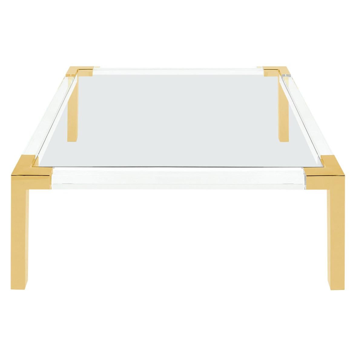 Lucite and Brass Modern Square Coffee Table with Glass