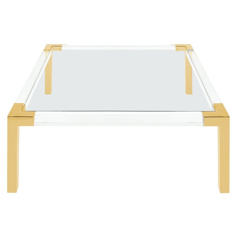 Lucite and Brass Modern Square Coffee Table with Glass For Sale at 1stDibs