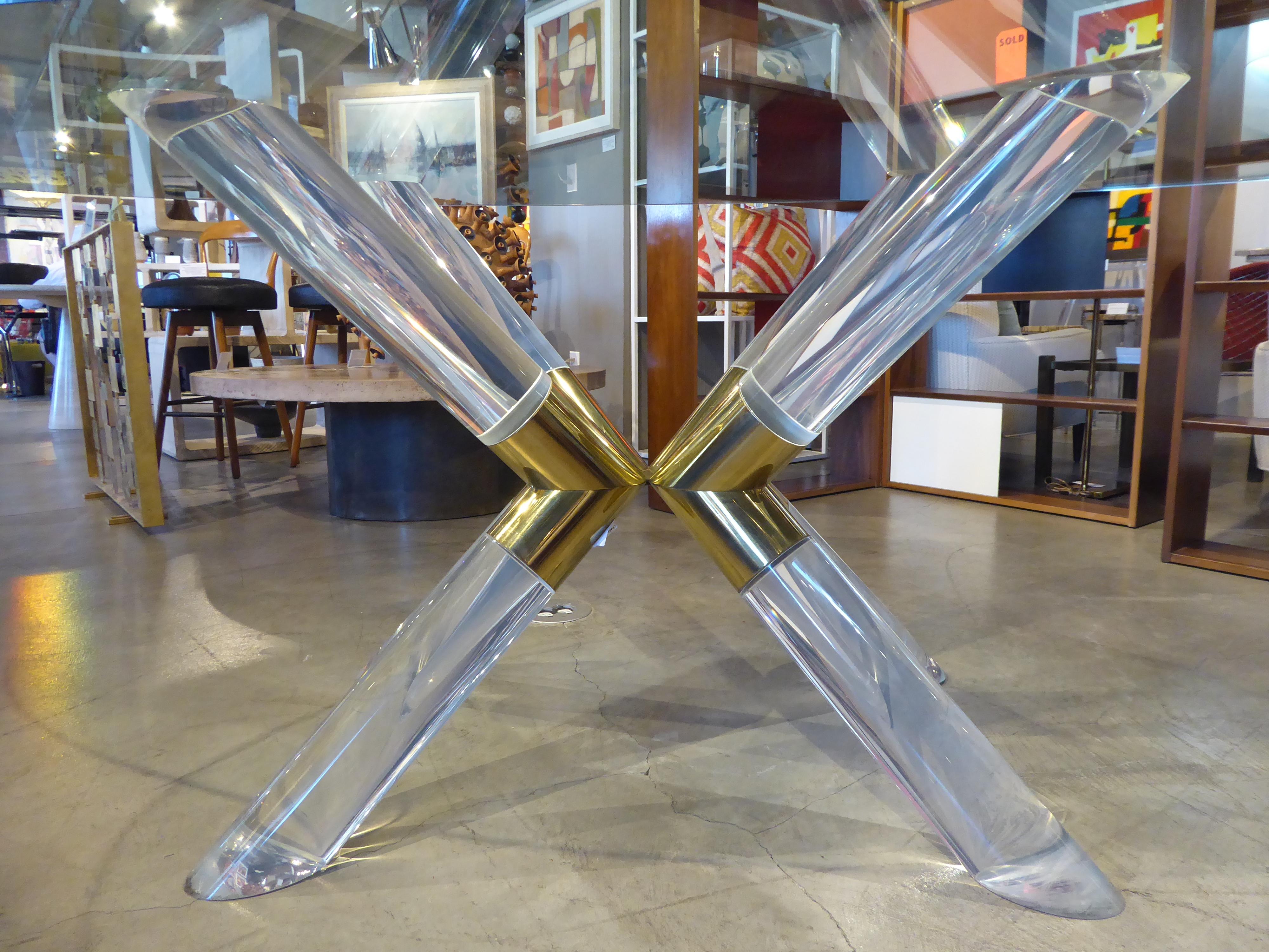 Lucite and Brass-Plated Steel X-Form Dining Table Base 5