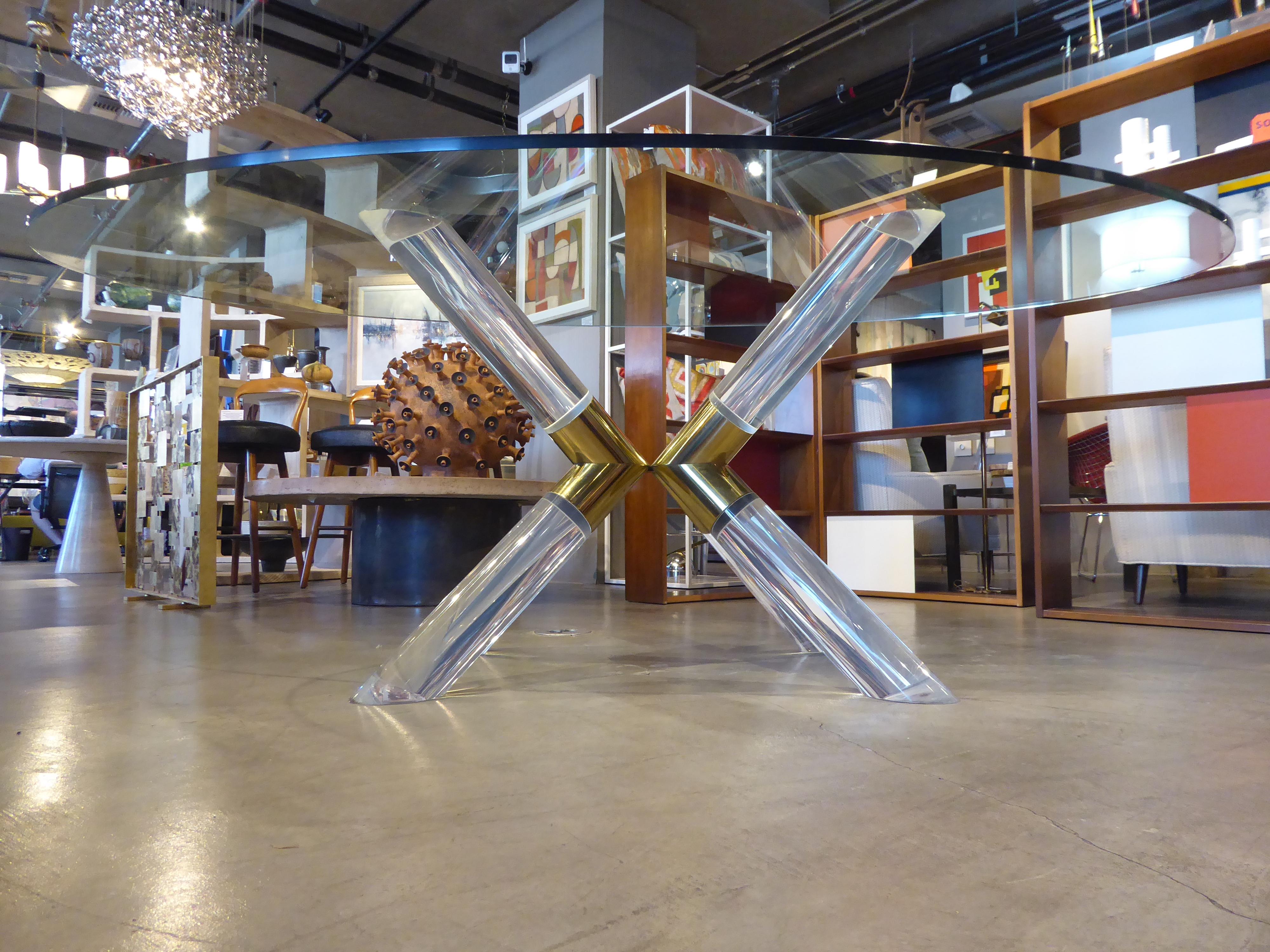 Lucite and Brass-Plated Steel X-Form Dining Table Base 6