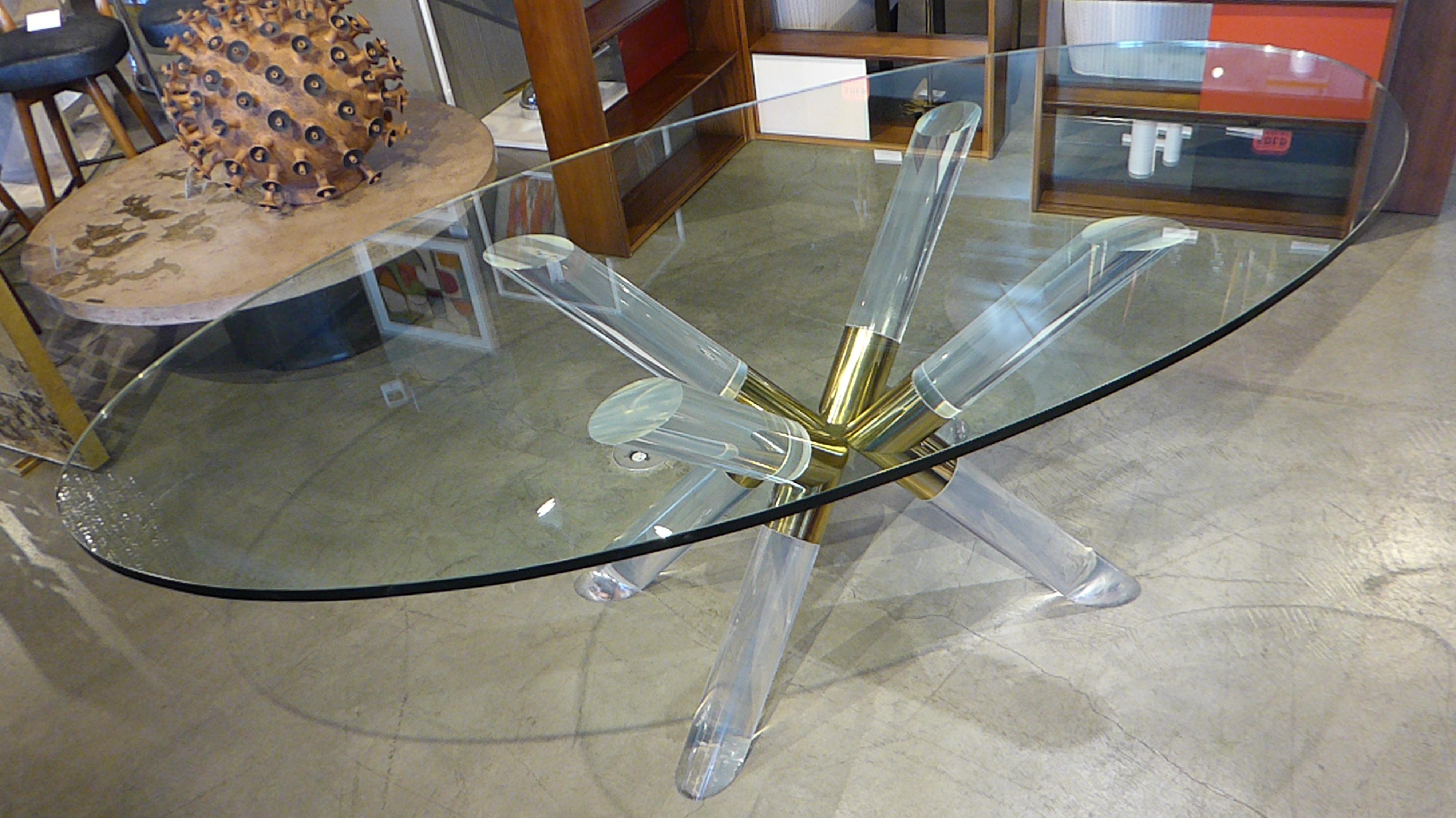 Lucite and Brass-Plated Steel X-Form Dining Table Base 7
