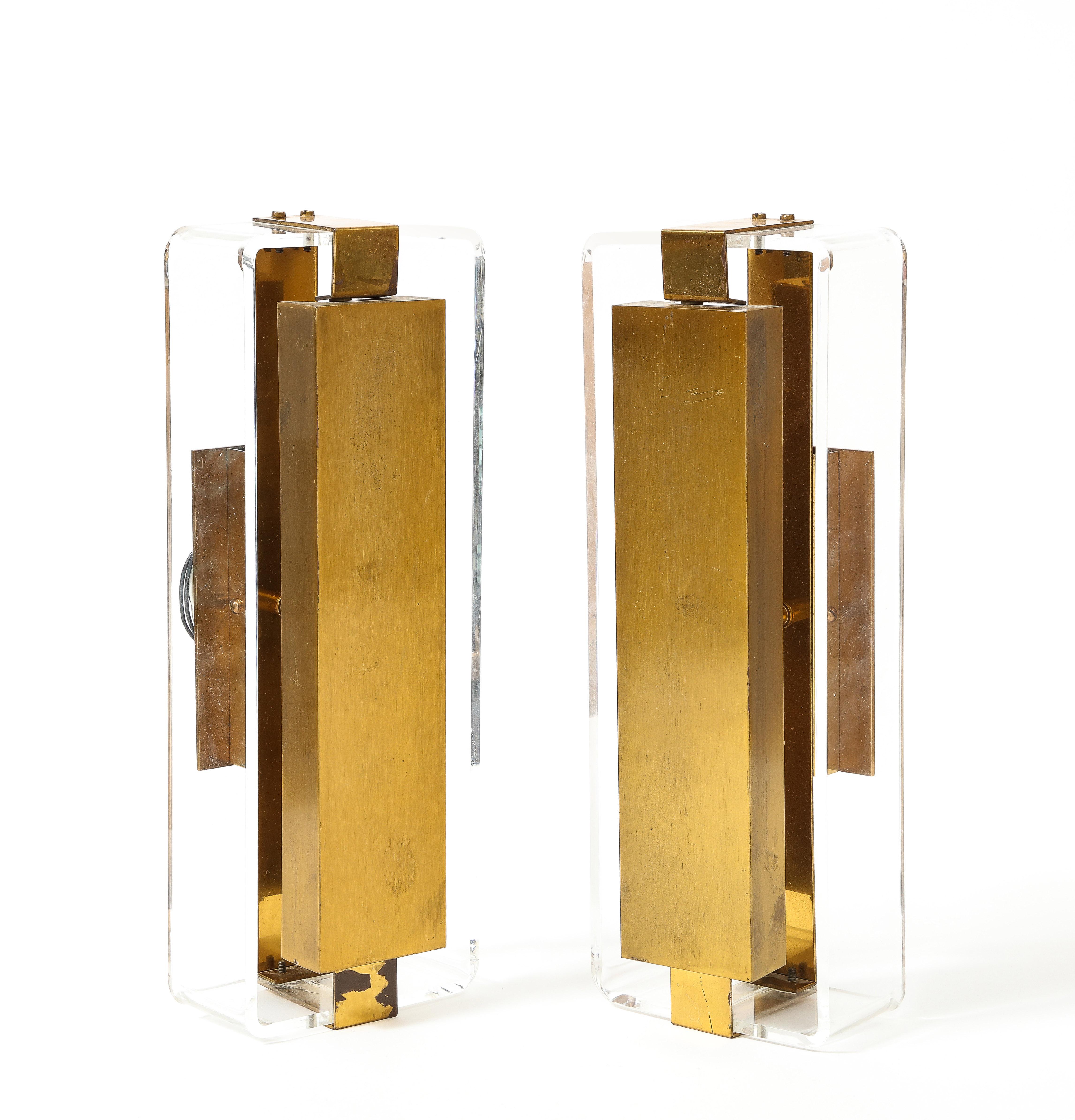 Modern Lucite and Brass Sconces For Sale