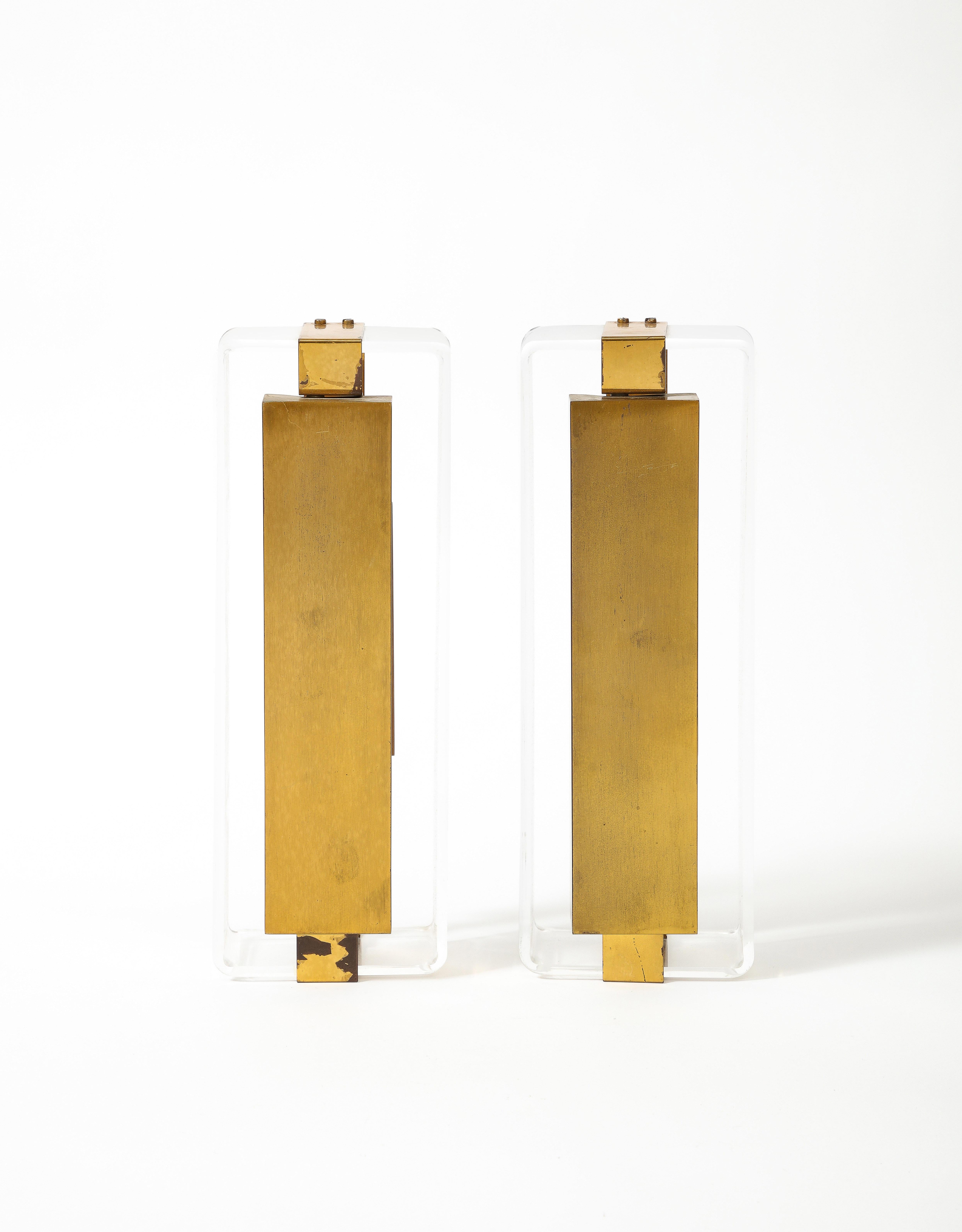 European Lucite and Brass Sconces For Sale